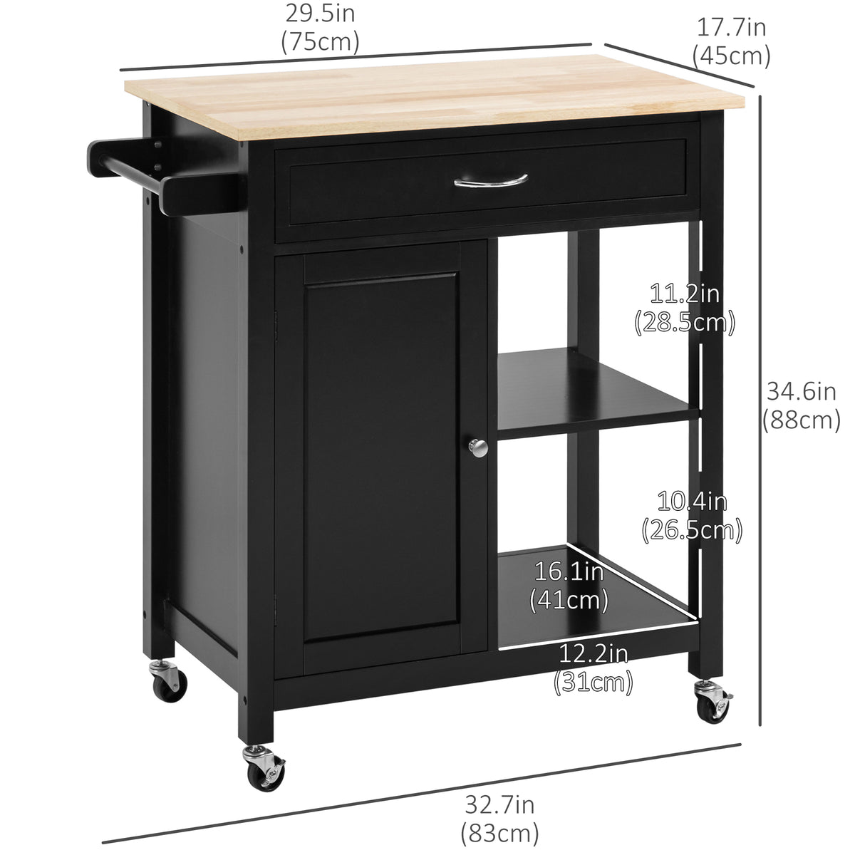 Rolling Kitchen Cart with Wood Top and Drawer – 33"W x 35"H