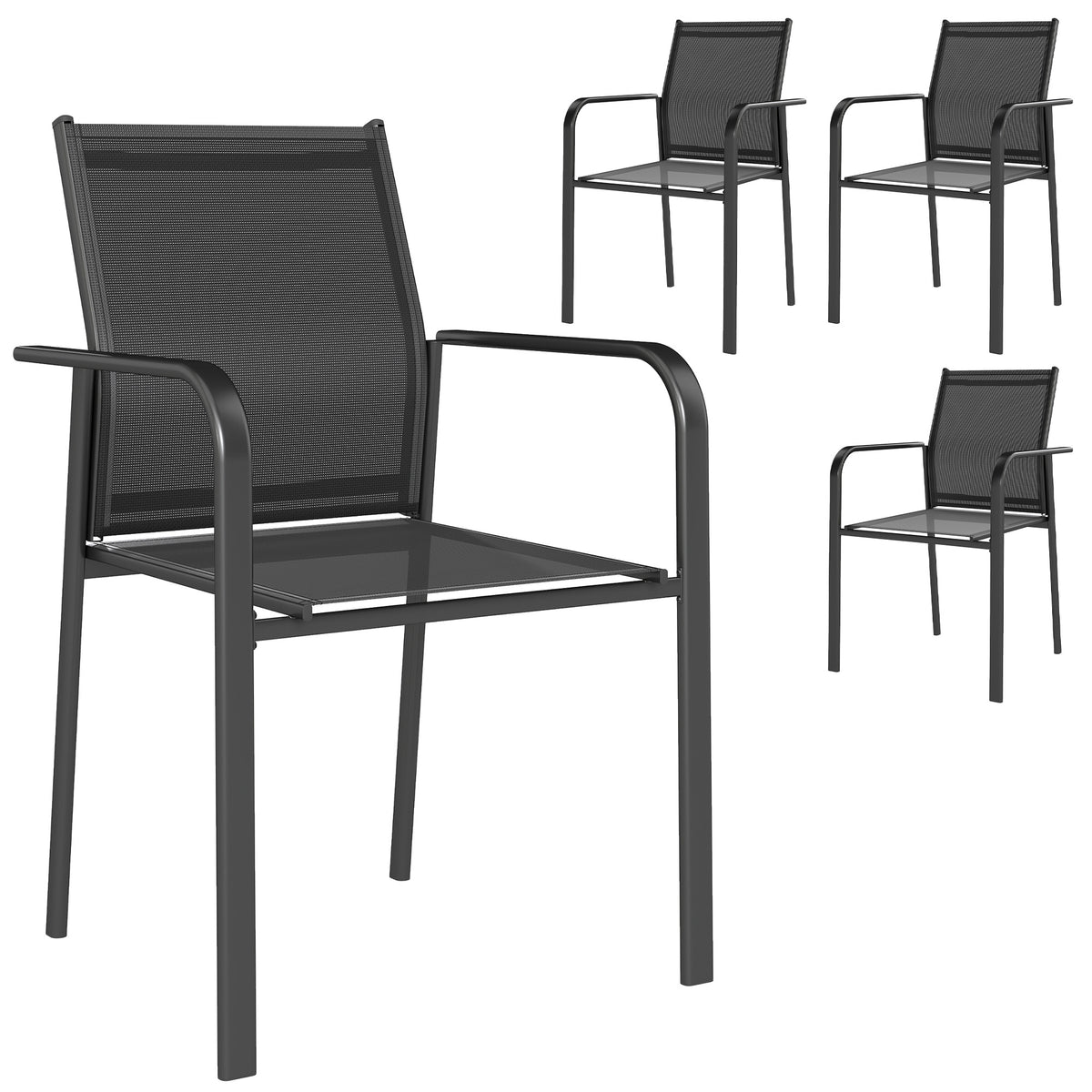 Stackable Patio Chairs Set of 4, Outdoor Dining Chairs with 20" Deep Seat, All Weather Breathable Mesh, Armrests – Black
