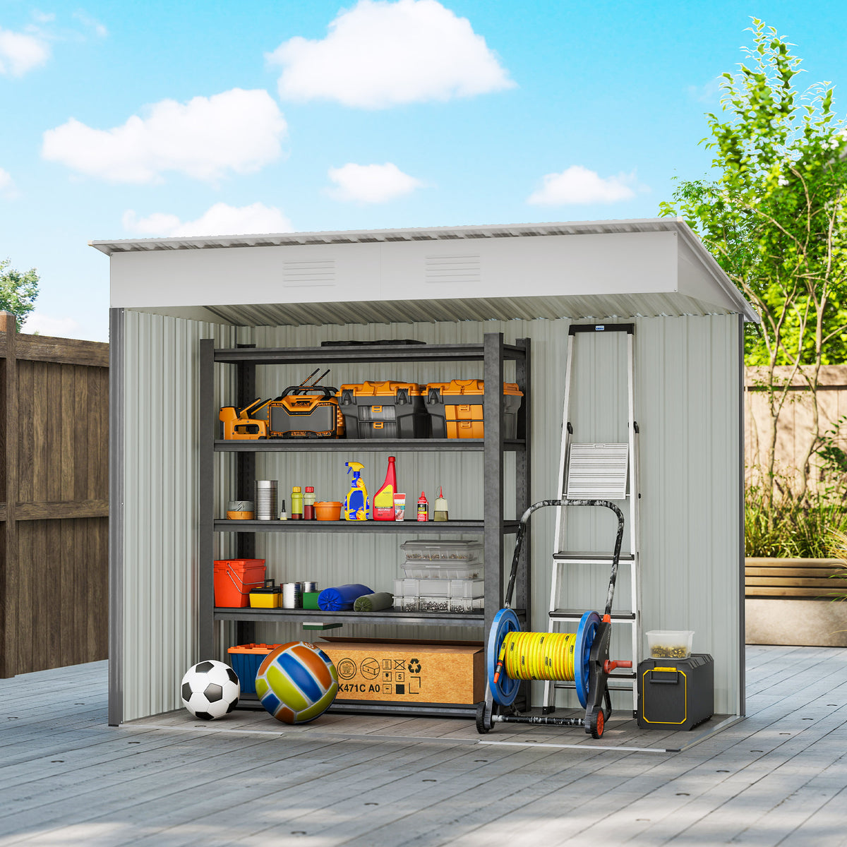 7' x 3.6' Outdoor Storage Shed, Metal Garden Tool Storage House Organizer with Lockable Sliding Doors and Vents for Backyard Patio Lawn – Light Grey