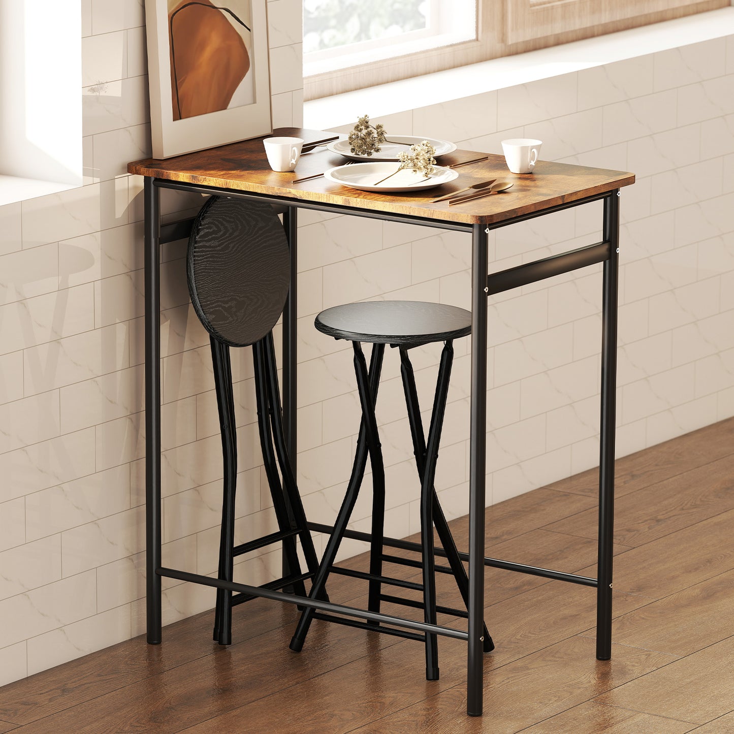 HOMCOM Set of 2 Foldable Barstools, Counter Height with Footrest, Steel Legs