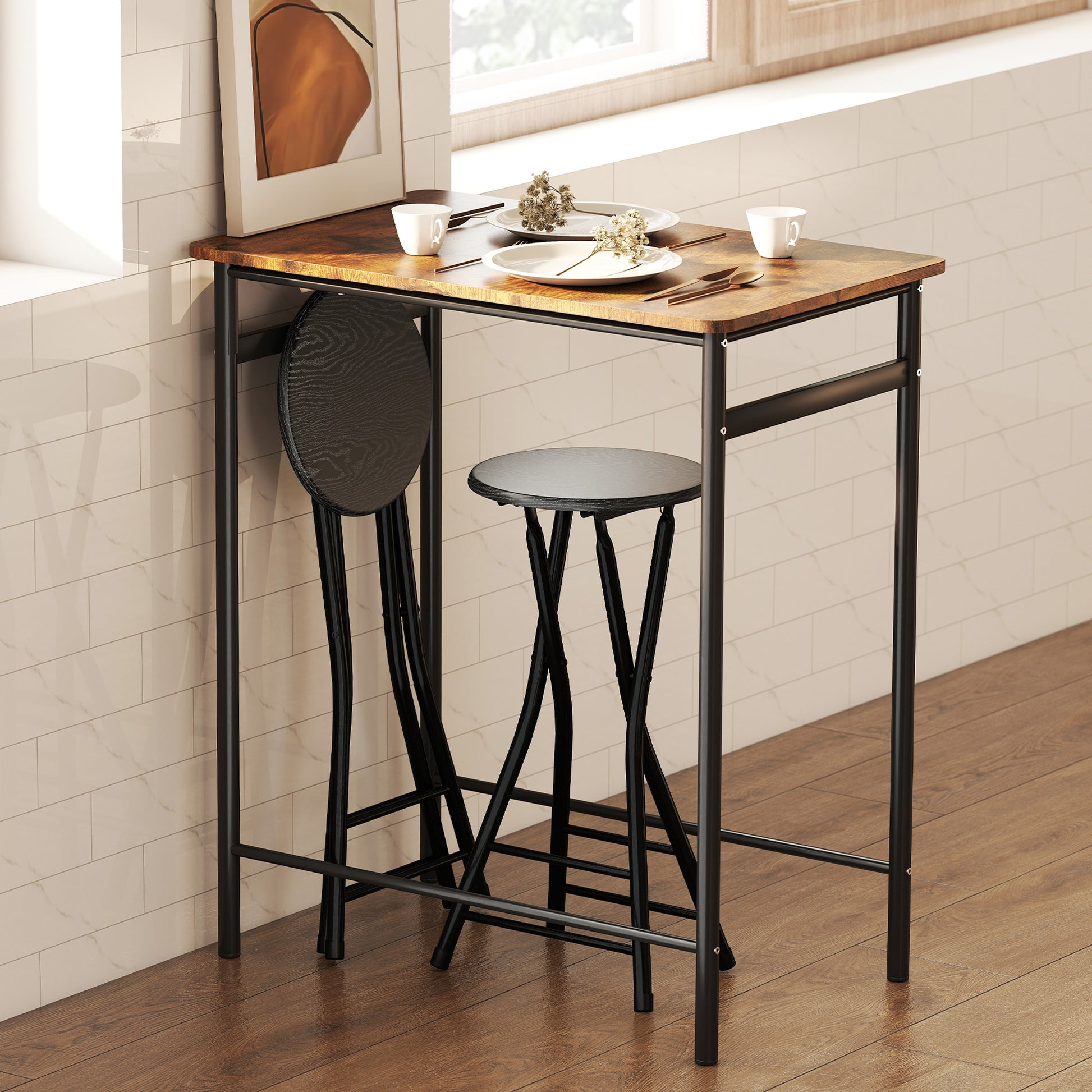 HOMCOM Set of 2 Foldable Barstools, Counter Height with Footrest, Steel Legs