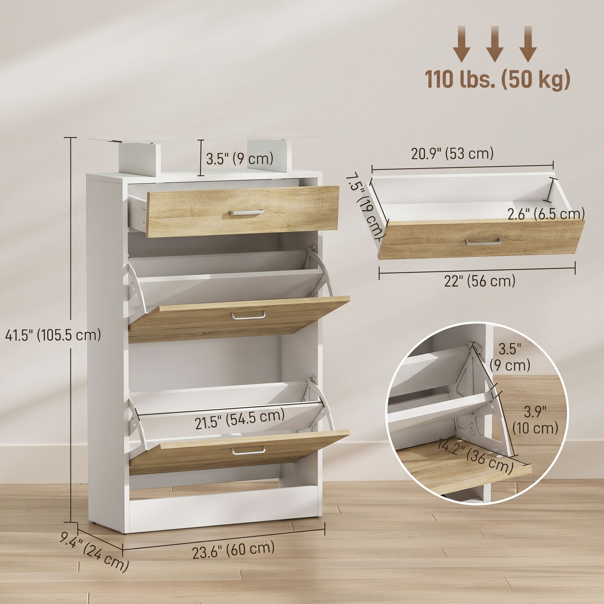 Slim Shoe Organizer Cabinet with 2 Flip Drawers – 24"W x 42"H