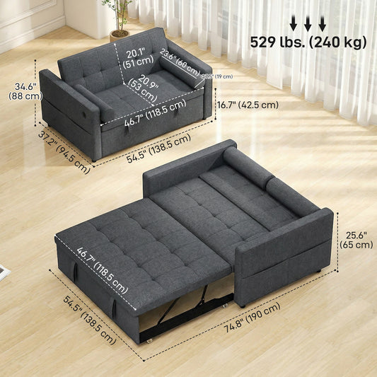 Linen Pull-Out Loveseat Sofa Bed with USB Ports