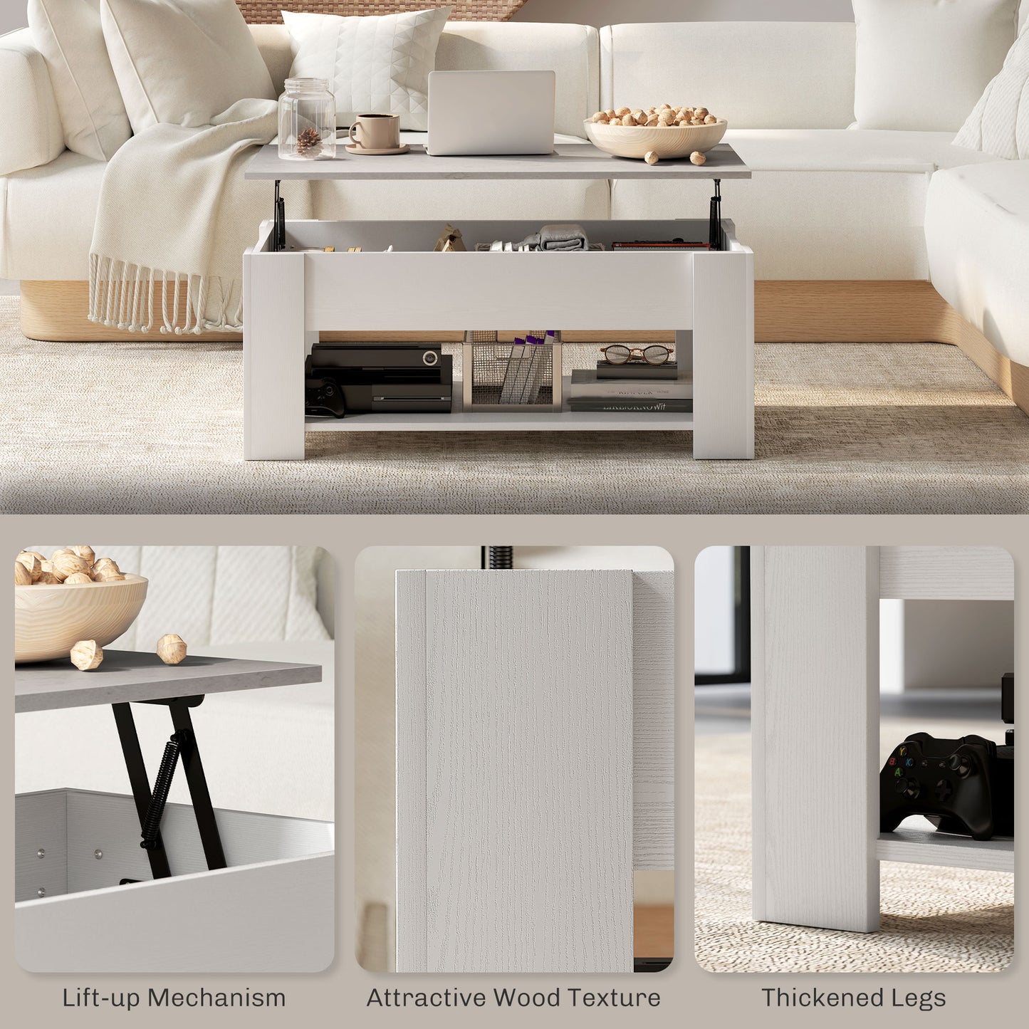 Modern White Lift Top Coffee Table with Hidden Storage and Open Shelf