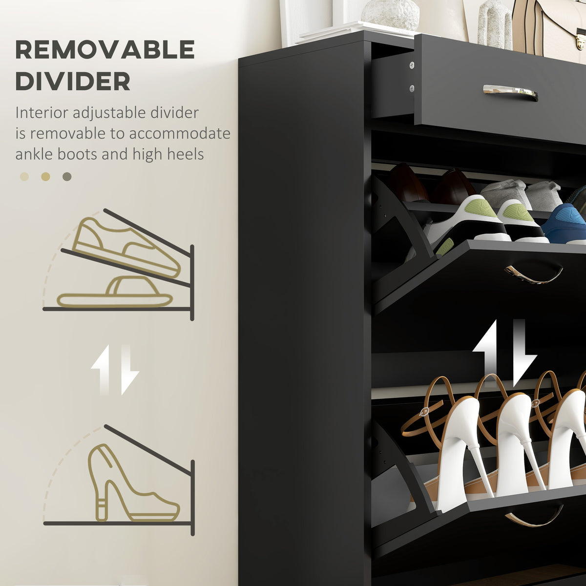 Narrow Shoe Storage with 2 Flip Drawers and Adjustable Shelves – 32"W x 36"H