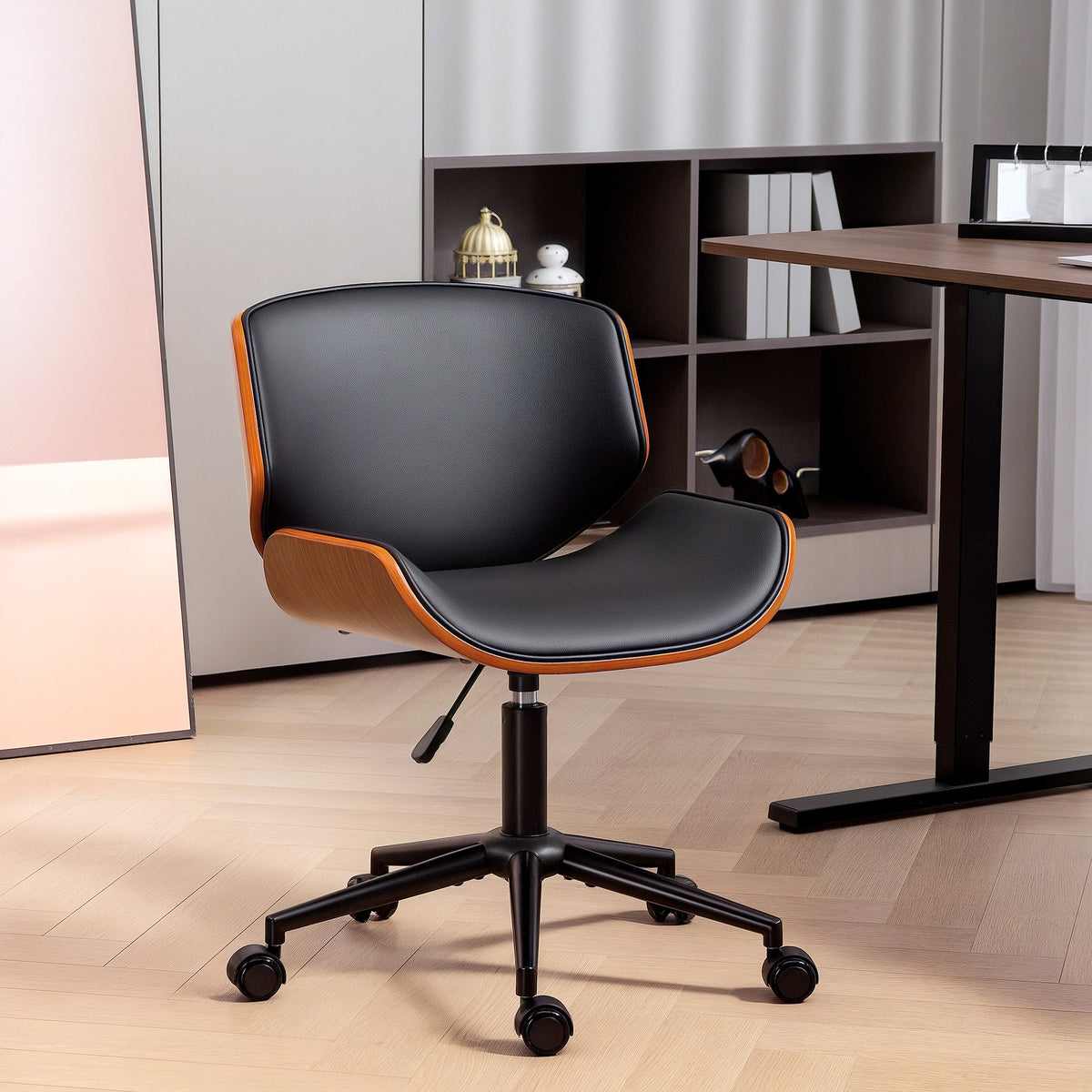 Mid-Century Modern Office Chair No Arms with Wheels, Bentwood, Black