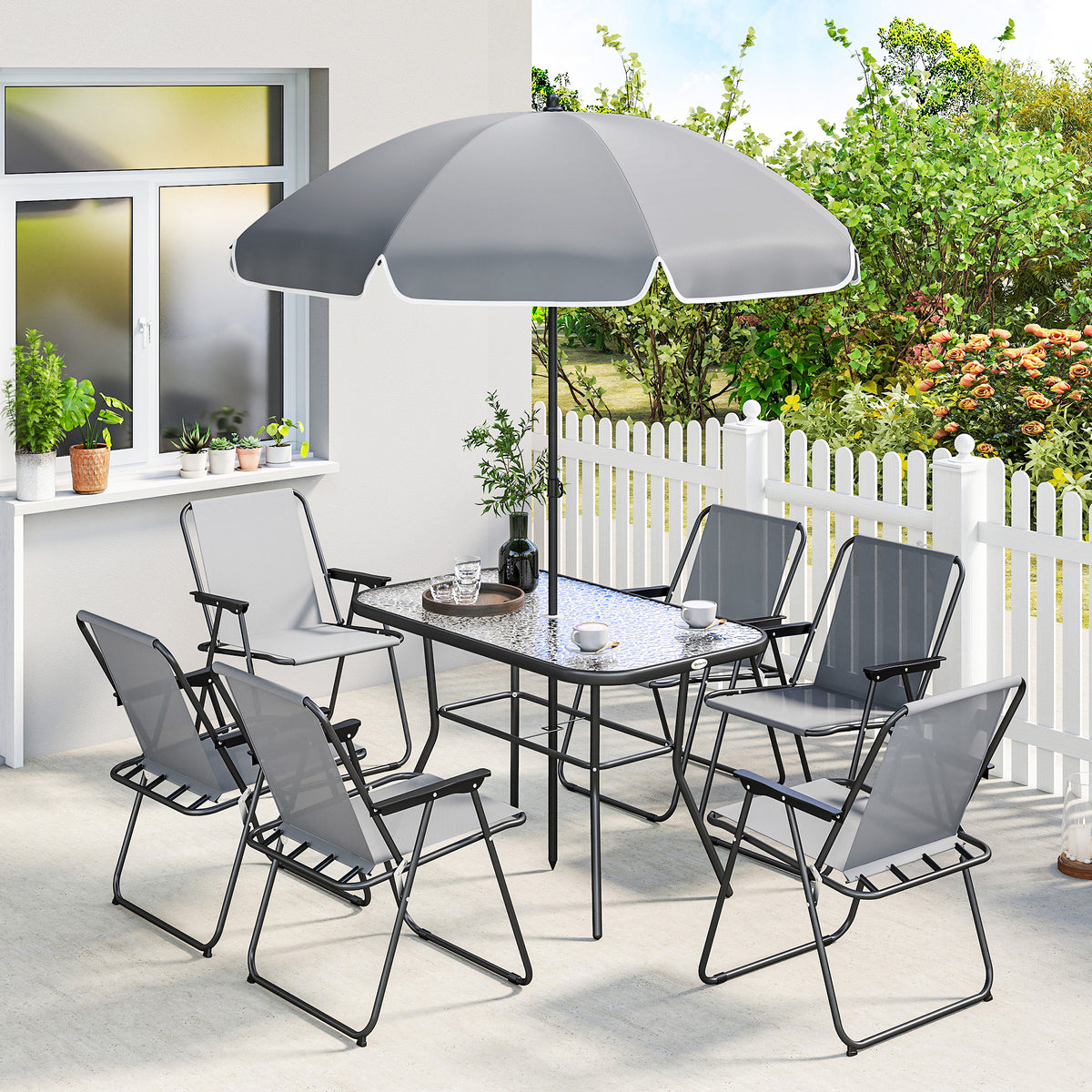 8 Piece Patio Table and Chairs Set with Folding Chairs, Tempered Glass Tabletop and Umbrella for Garden – Grey