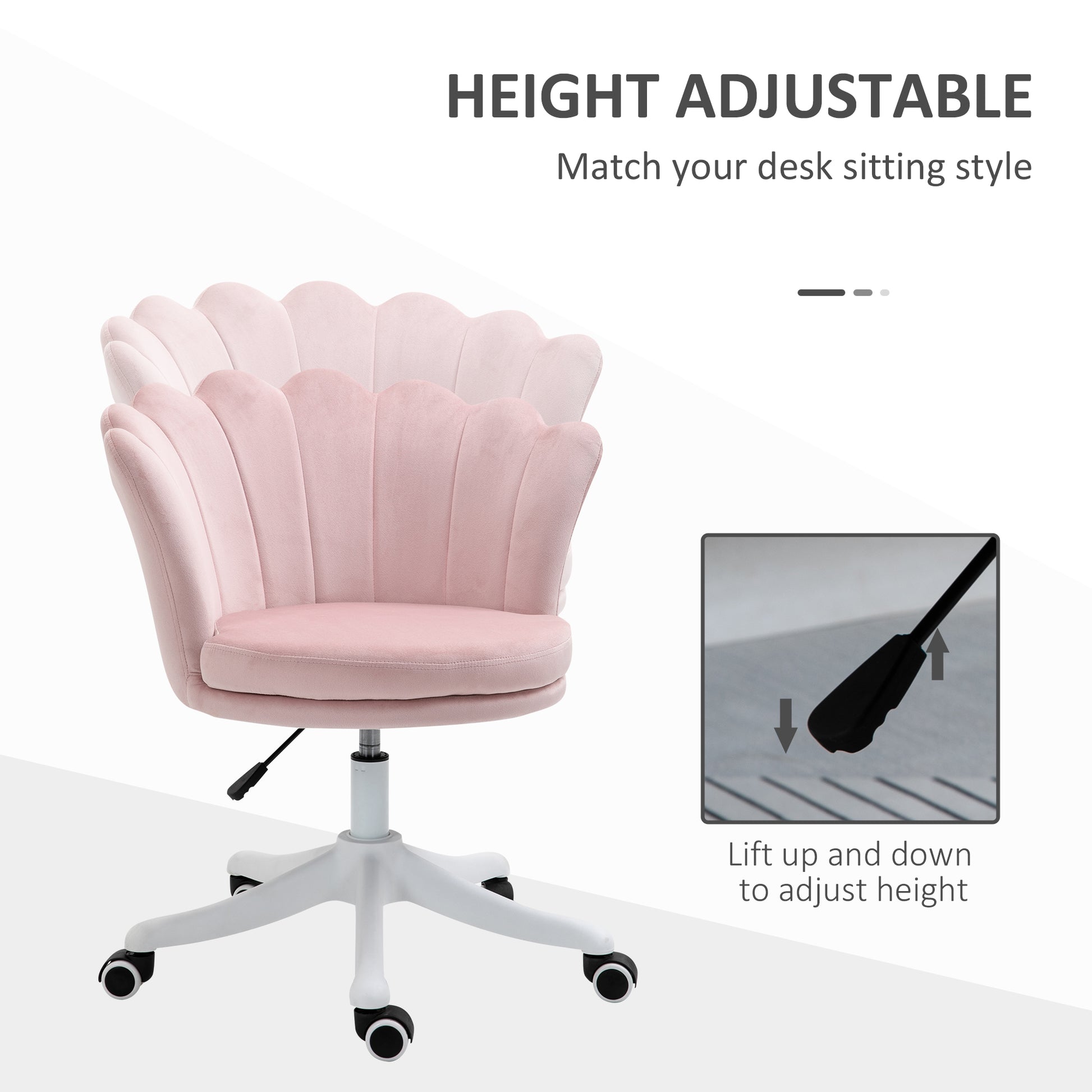 HOMCOM Pink Velvet Scallop Mid-Back Office Chair Adjustable Swivel Desk Computer Chair