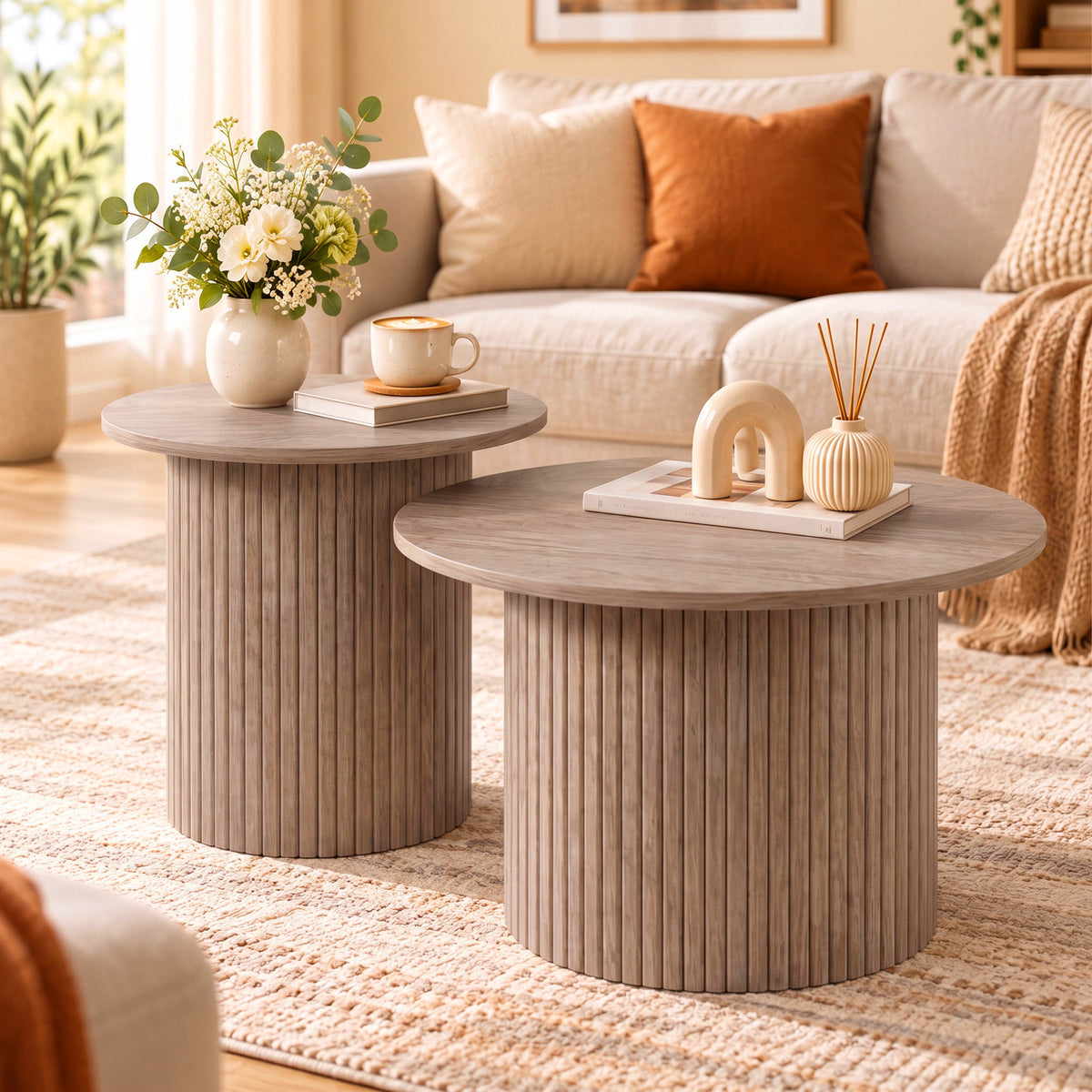 HOMCOM Round Nesting Coffee Table Set of 2, Fluted Mid Century Modern Circle Side Tables, Weathered Coffee Wood Grain