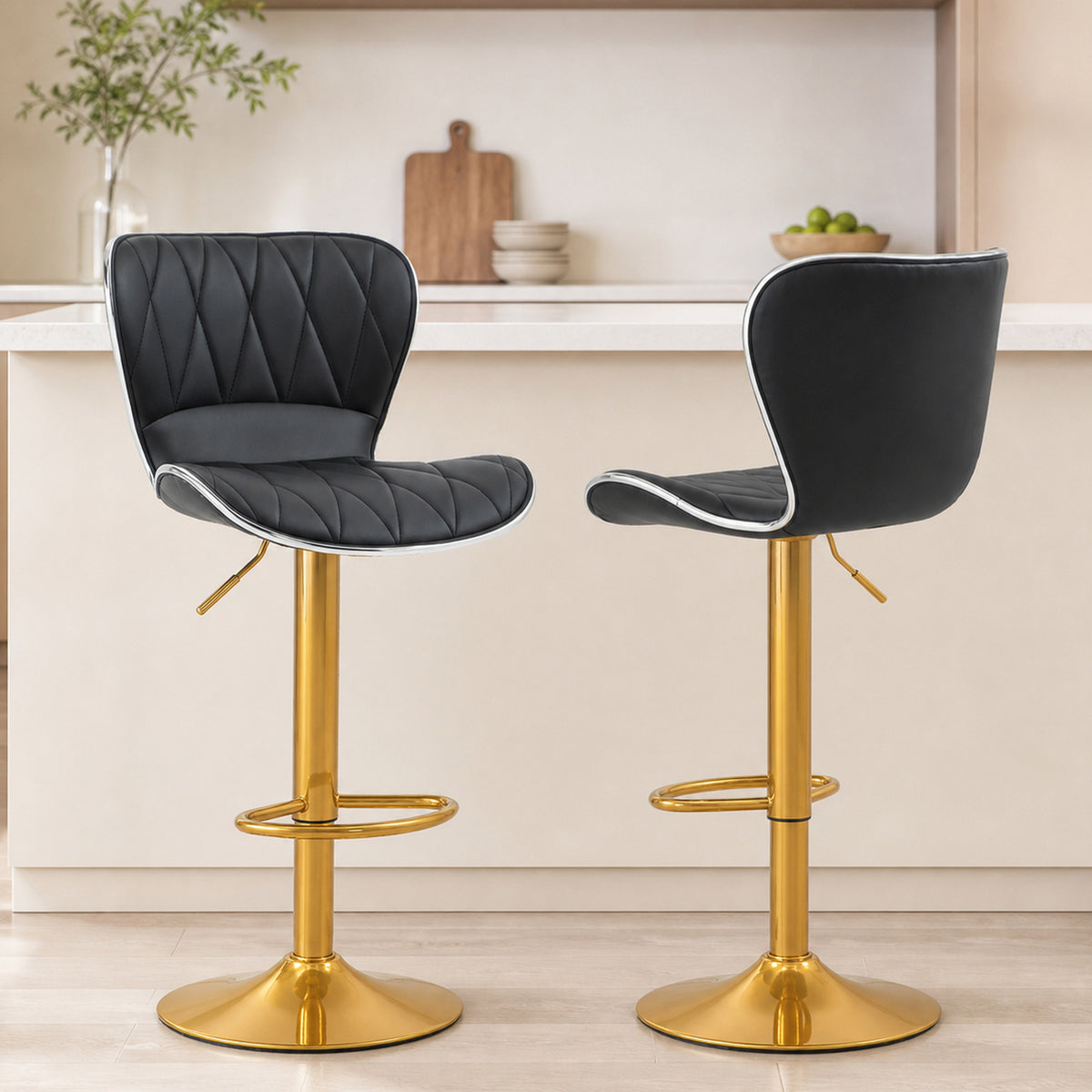 Diamond-Tufted PU Leather Swivel Counter Stools, Gold Base, Set of 2