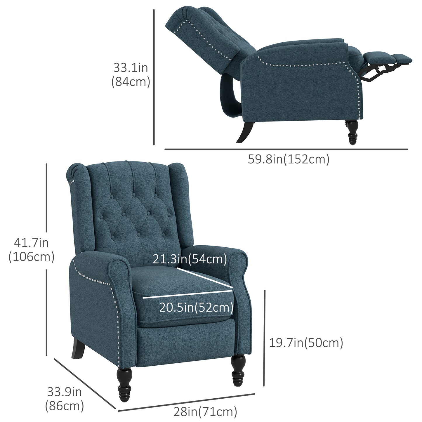HOMCOM Blue Wingback Recliner Chair, Footrest, Tufted Rolled Armrests