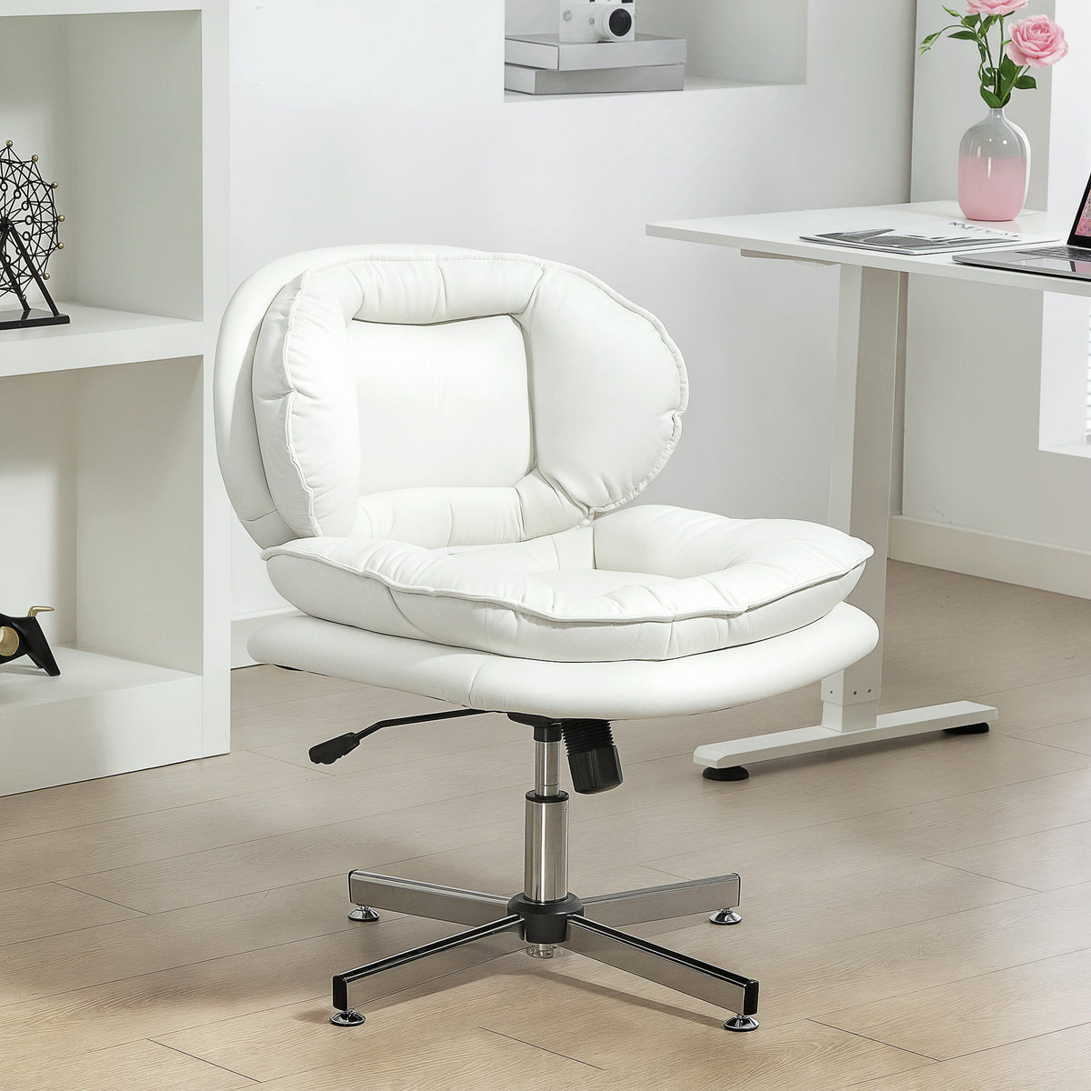 Criss Cross Chair, Armless Wide Office Chair with Leathaire Upholstery, Tilting, White