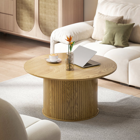 HOMCOM Nordic Round Oak Coffee Table with Fluted Cylindrical Base for Living Room