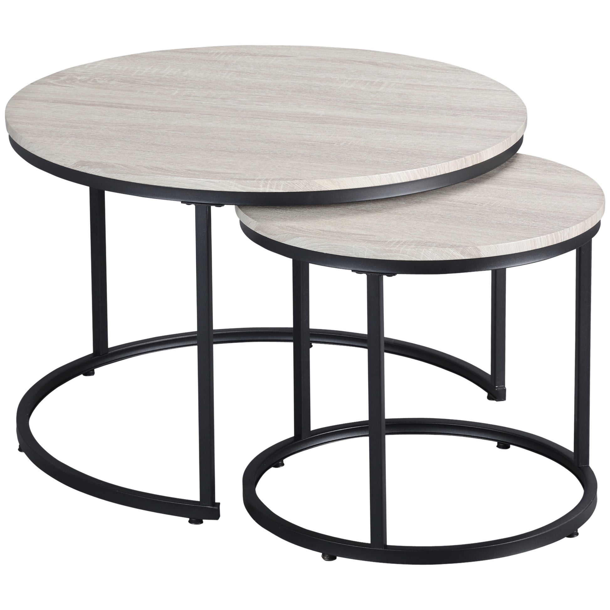HOMCOM Modern Round Nesting Coffee Tables Set, Metal Frame, Grey Wood Grain