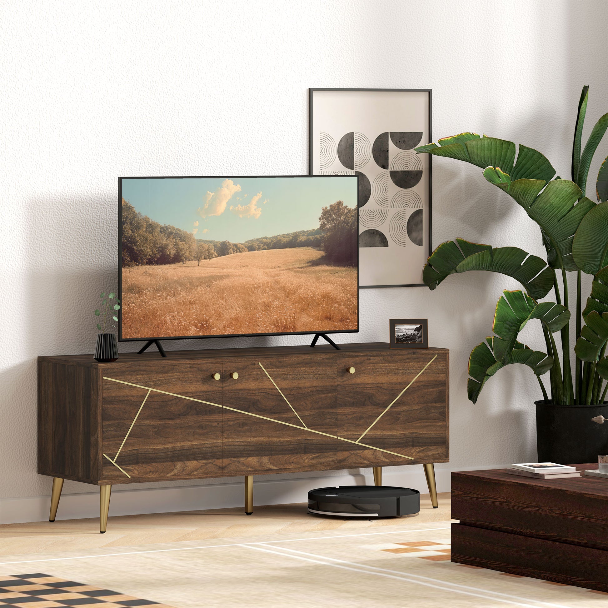 HOMCOM Modern Rustic Brown TV Stand for 60-inch TVs, Adjustable Storage & Cable Management