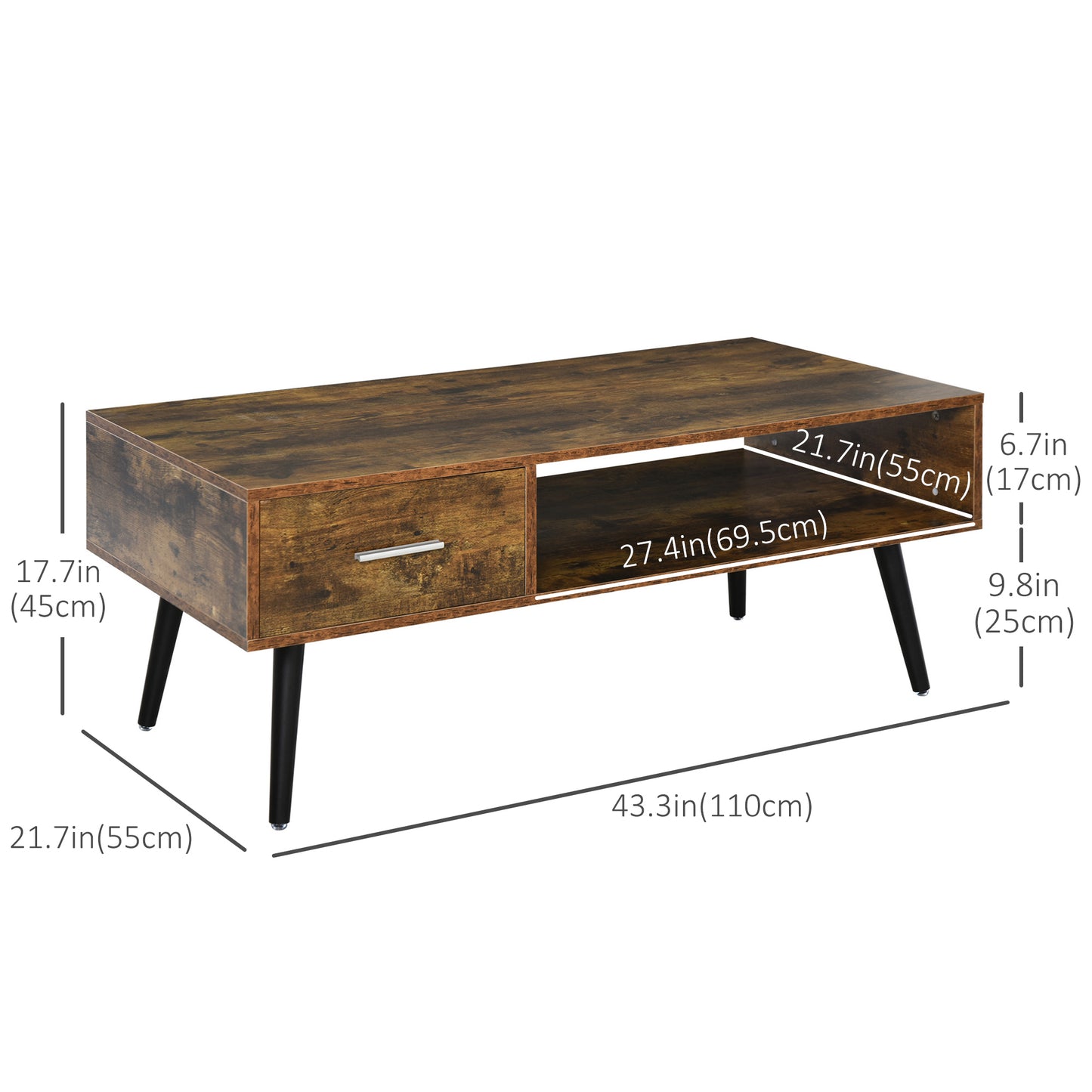 HOMCOM Retro Industrial Coffee Table with Storage Drawer & Shelf, Rustic Brown Wood