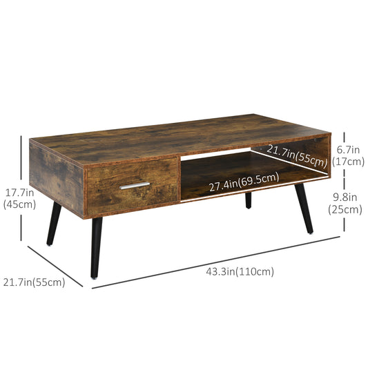 HOMCOM Retro Industrial Coffee Table with Storage Drawer & Shelf, Rustic Brown Wood