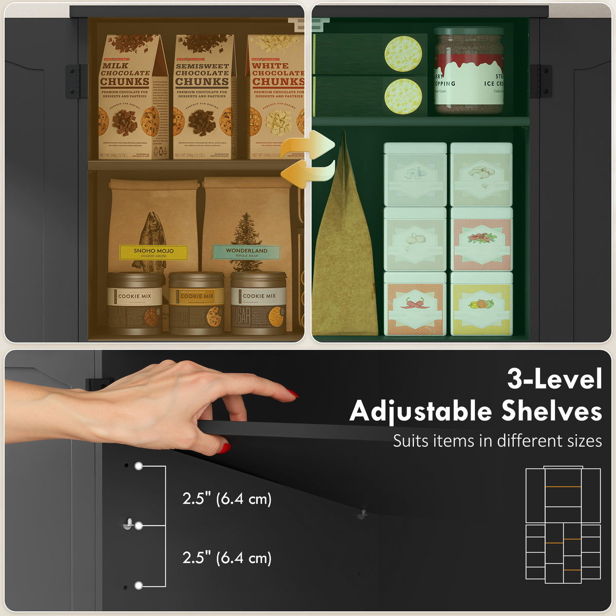 Storage Cabinet with Adjustable Shelves and 8 Door Spice Racks – 24"W x 64"H