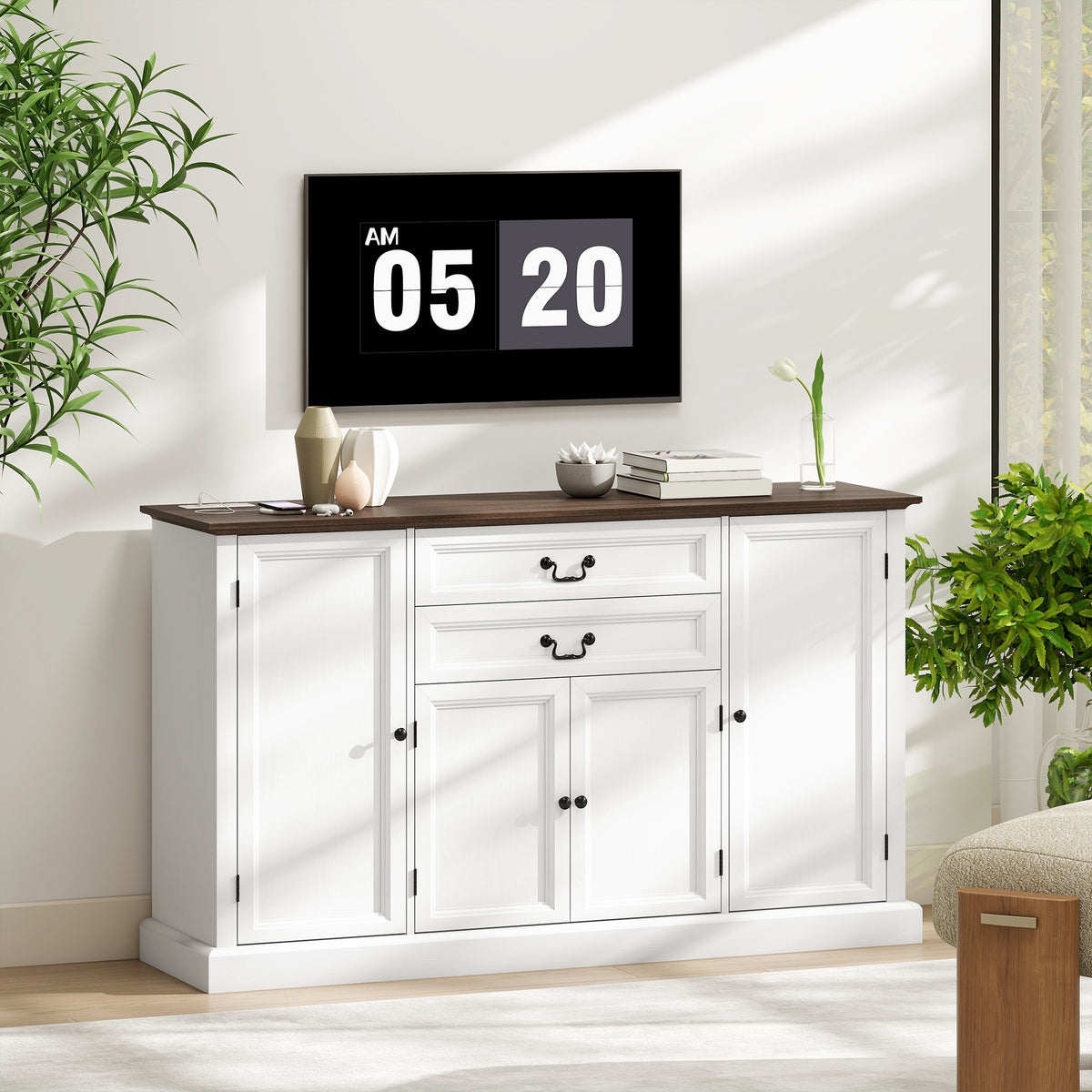 Farmhouse Sideboard with Charging Station and Thickened Top – 58"W x 34"H