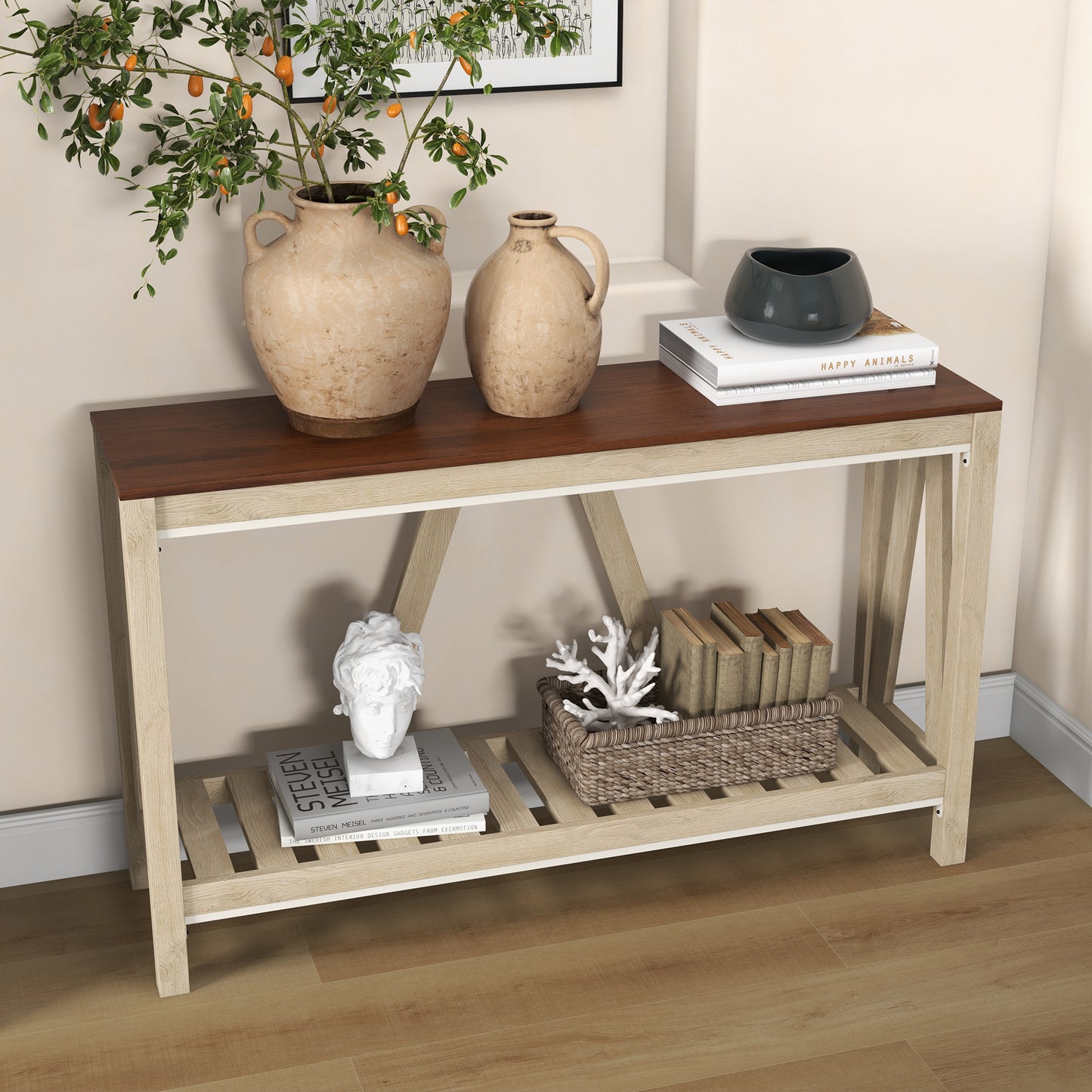 HOMCOM Farmhouse Console Table: Rustic Storage Shelf, Sofa Entryway Accent, Oak Finish