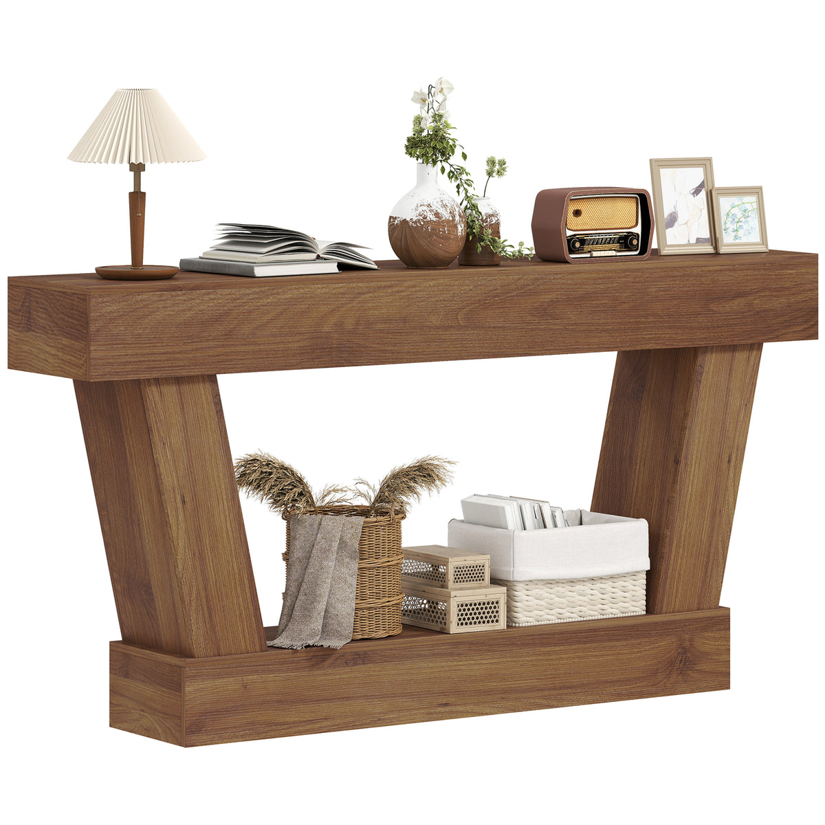 63" Vintage Console Table with Open Shelf, Dark Brown