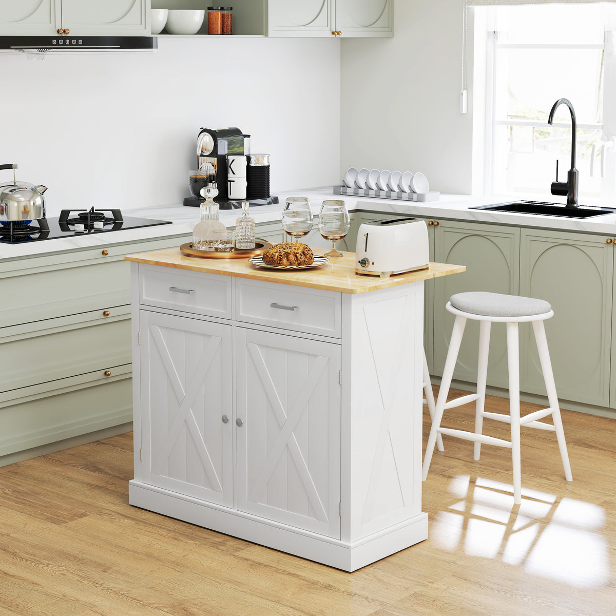 Rolling Kitchen Island with Drop Leaf Wood Breakfast Bar – 41"W x 36"H