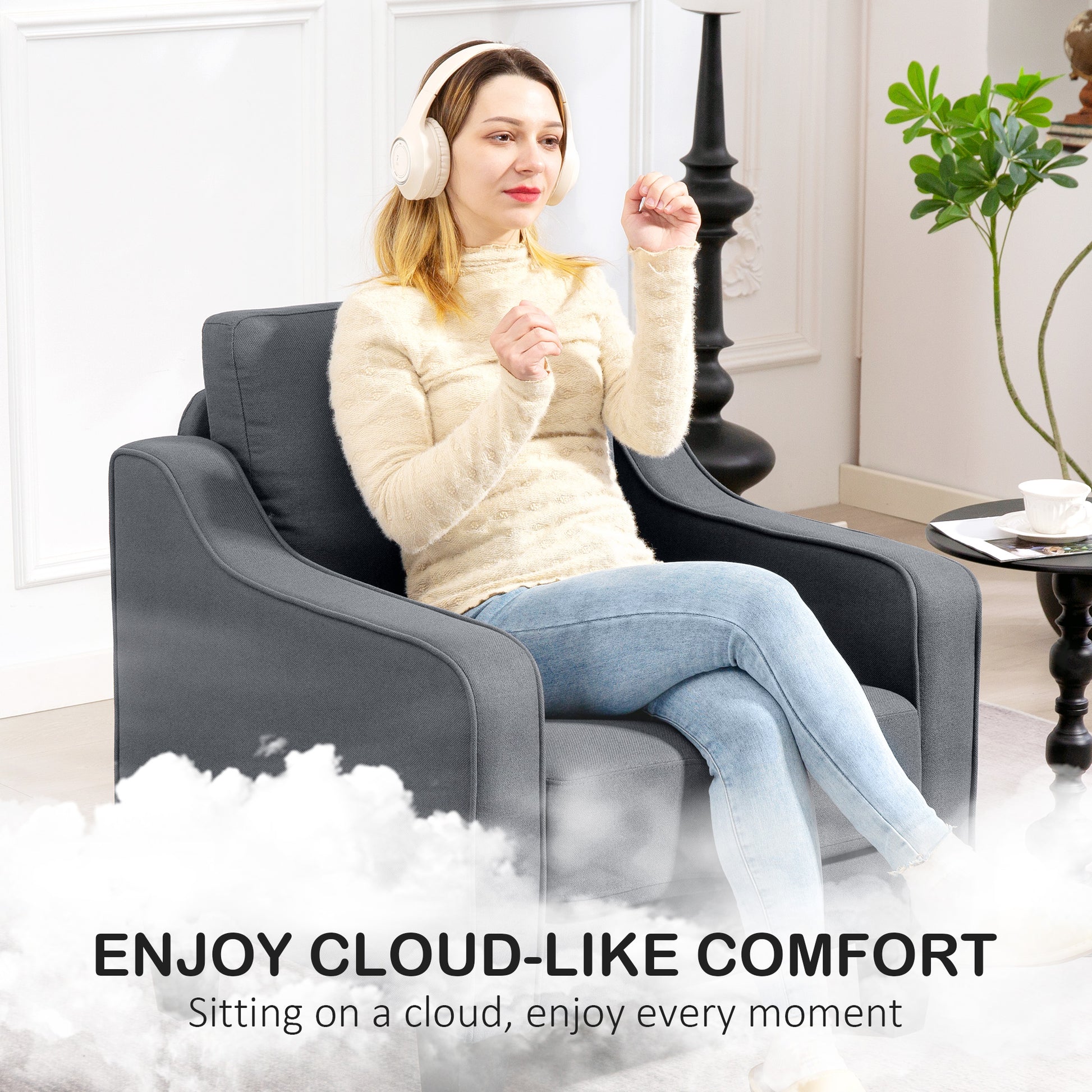 Modern Accent Armchair: Comfortable Linen Upholstered Charcoal Grey Chair with Pocket Spring