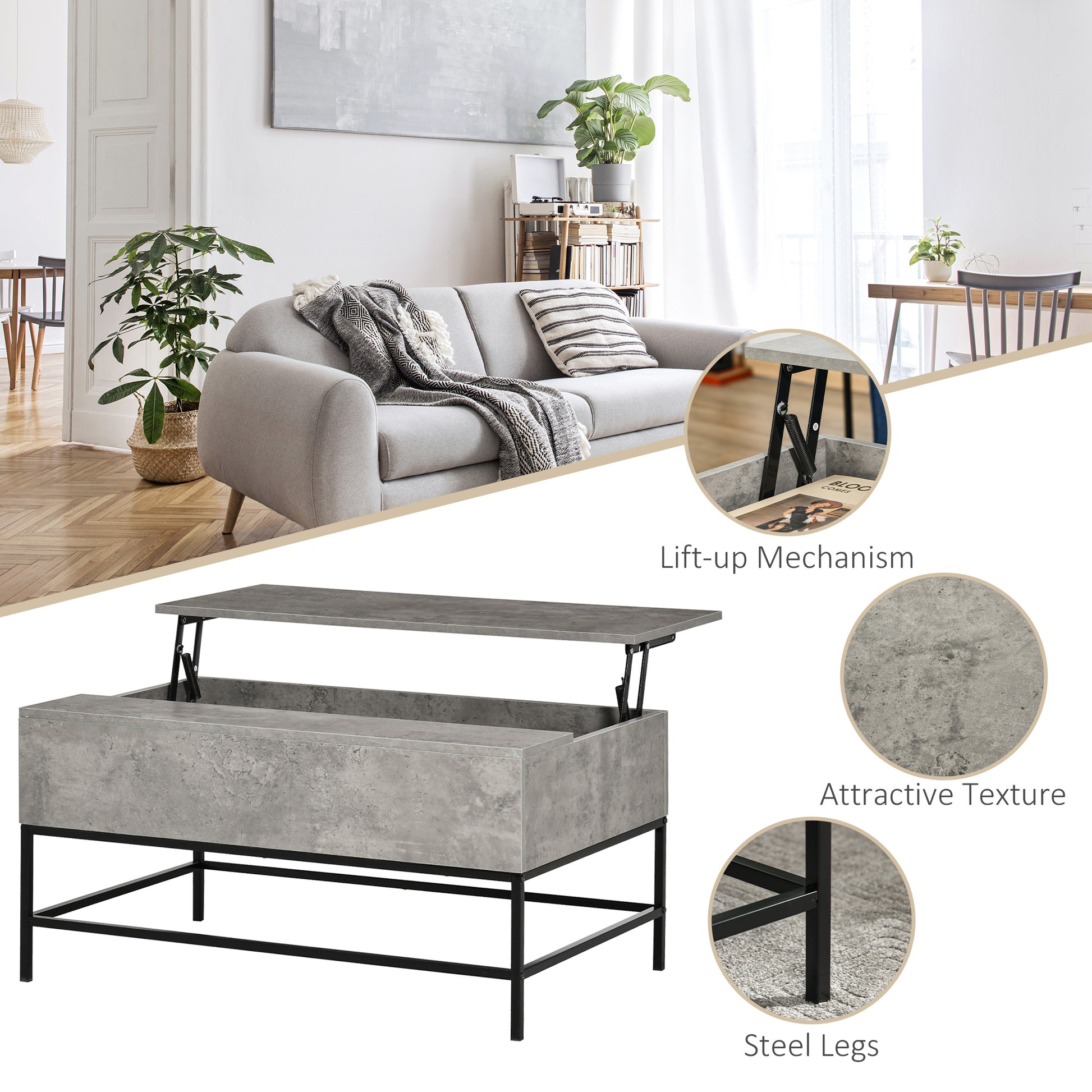 Modern Grey Lift Top Coffee Table with Hidden Storage, Adjustable Height, Faux Marble Finish