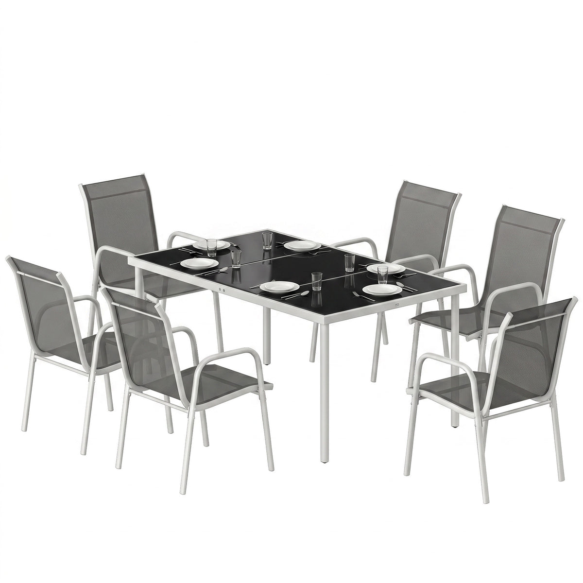 7 Piece Garden Dining Set, Garden Furniture Set with Rectangle Table and 6 Stackable Chairs – Grey, White, Black