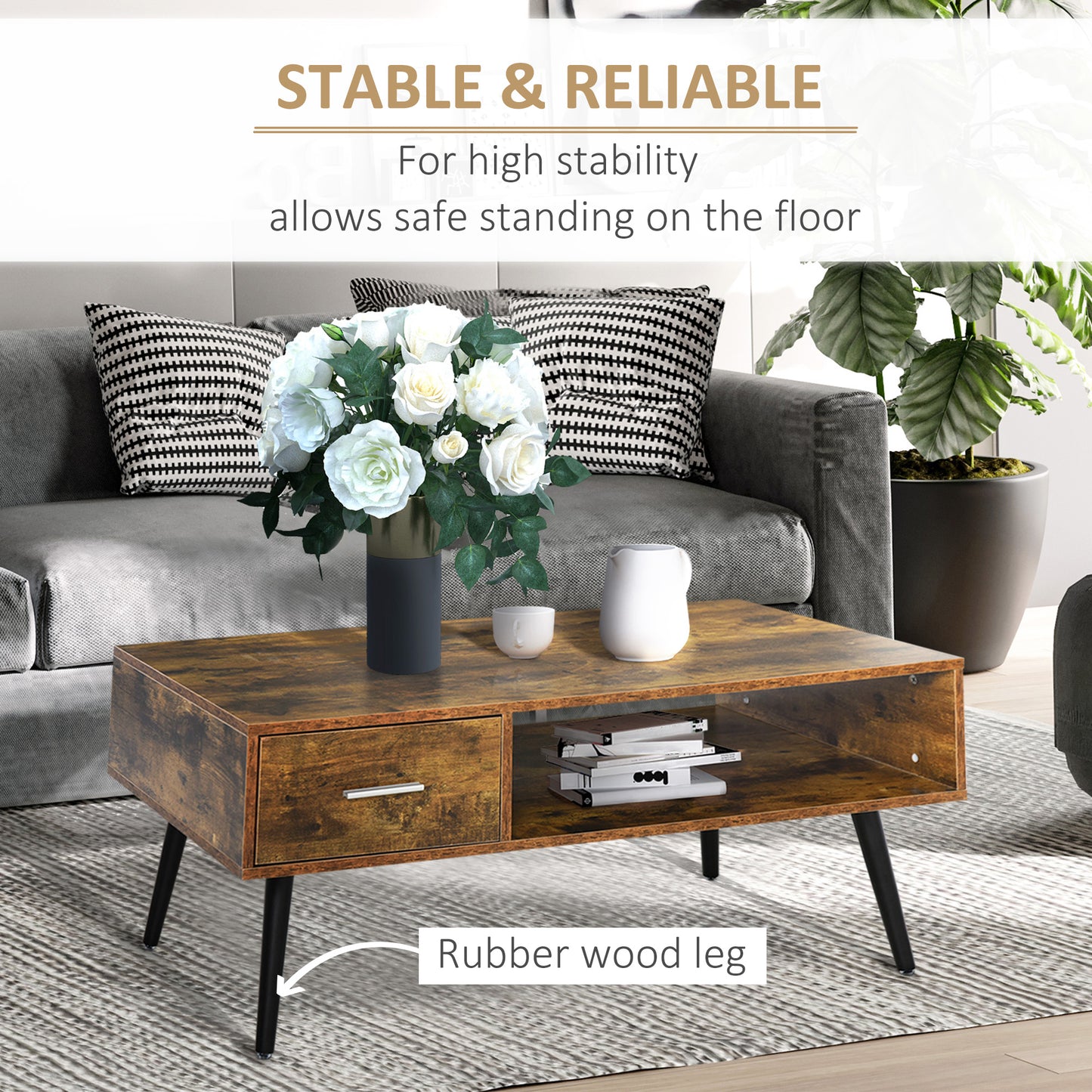 HOMCOM Retro Industrial Coffee Table with Storage Drawer & Shelf, Rustic Brown Wood