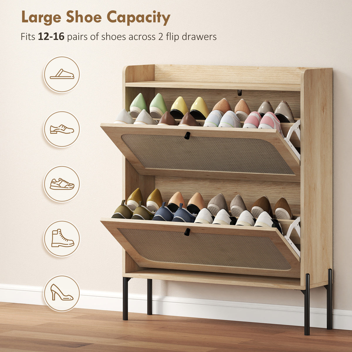 Shoe Cabinet with 2 Flip Drawers – 31"W x 39"H