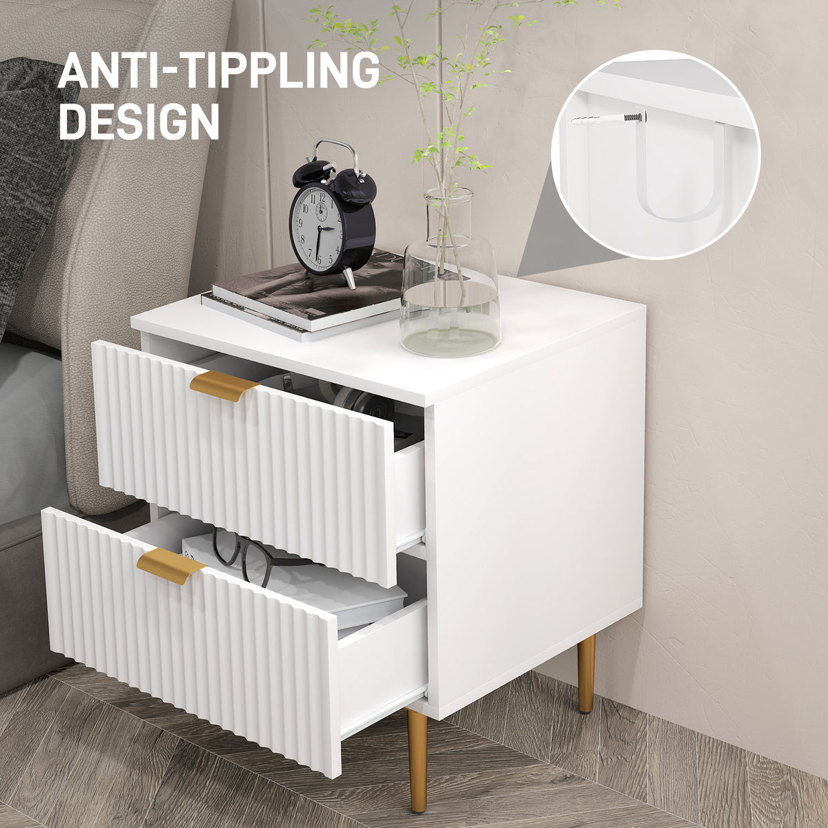 Modern 2-Drawer Nightstand with Metal Legs – 19"W x 22"H