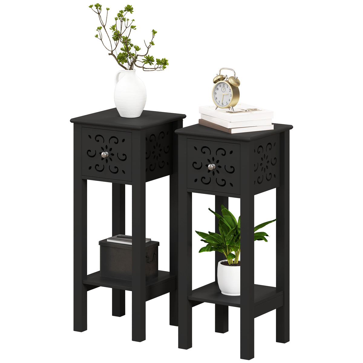 Tall Narrow Nightstands with Drawer and Shelf, Set of 2 – 12"W x 30"H