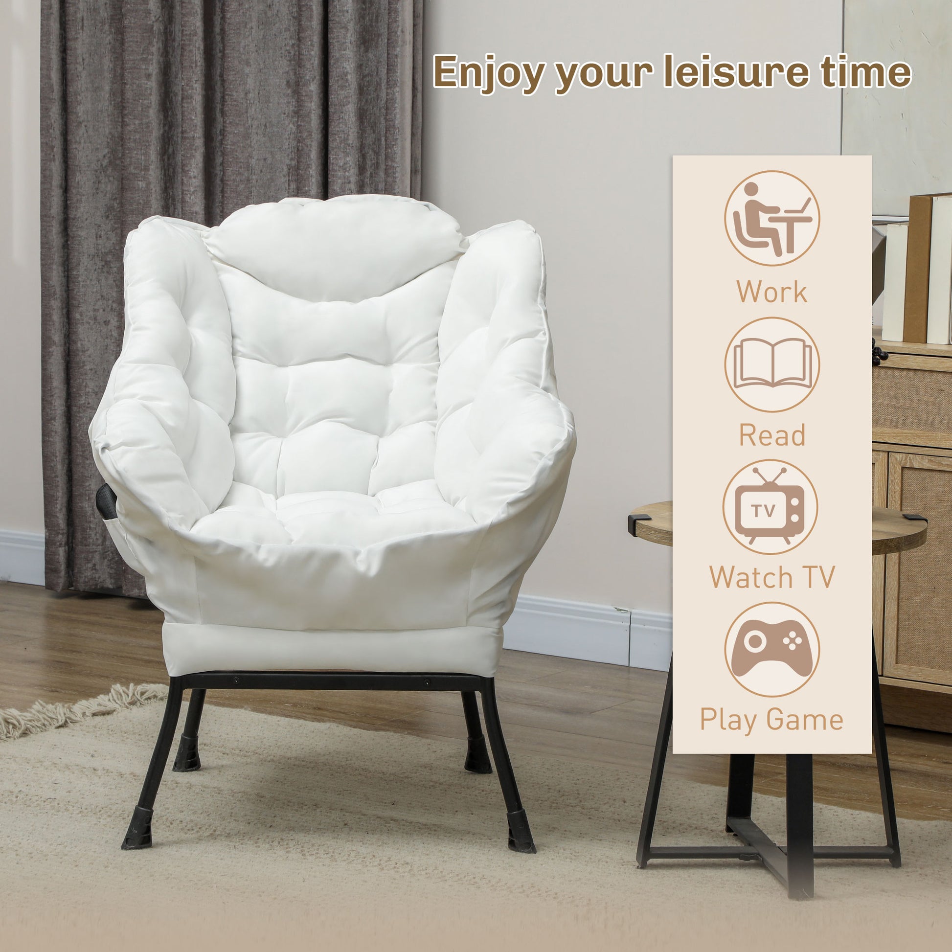 HOMCOM Modern Cream White Accent Armchair with Side Pockets & Steel Legs