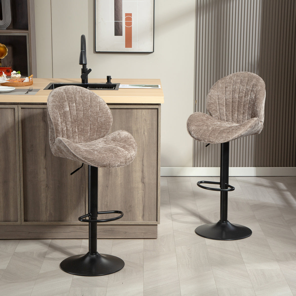 Chenille Shell-Back Swivel Bar Stools, Adjustable Height, Set of 2