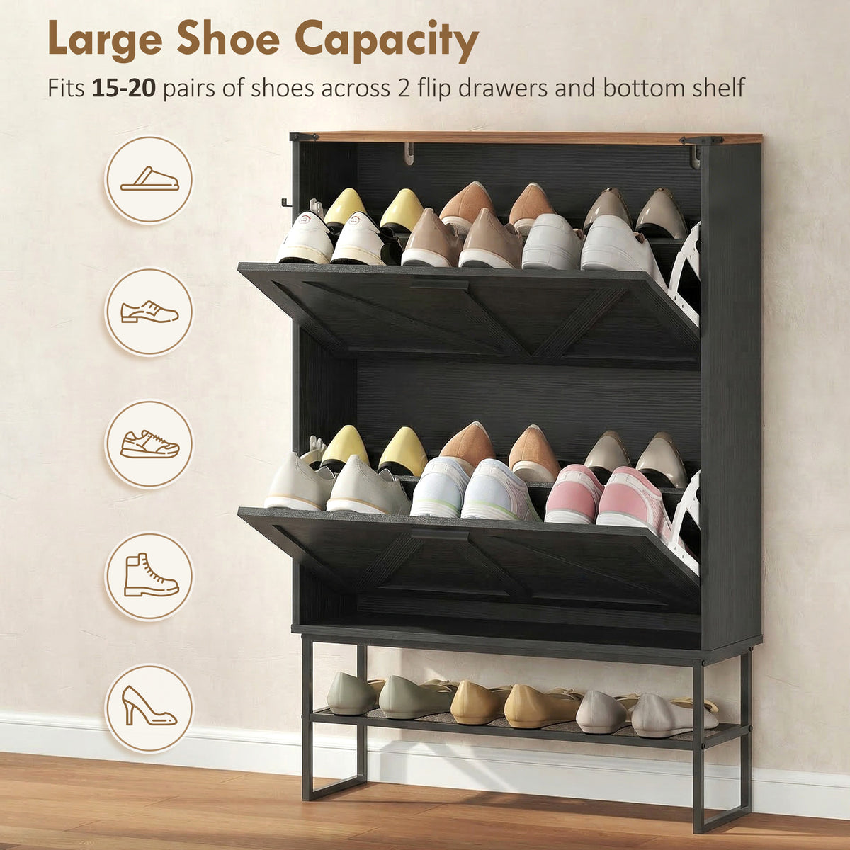 Narrow Shoe Storage Cabinet with 2 Flip Drawers – 31"W x 46"H