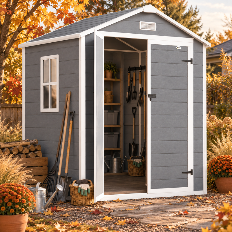 6x4.5FT Plastic Shed, Lockable Garden Tool Storage House with Double Doors and Vent