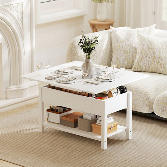 Convertible Lift-Top Coffee Table with Hidden Compartment, White