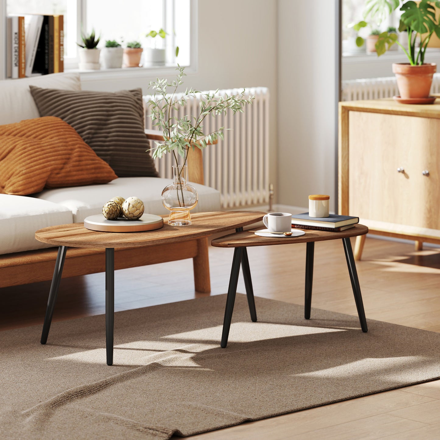 HOMCOM Industrial 2-Piece Nesting Coffee Table Set, Brown Wood-Effect Steel Legs