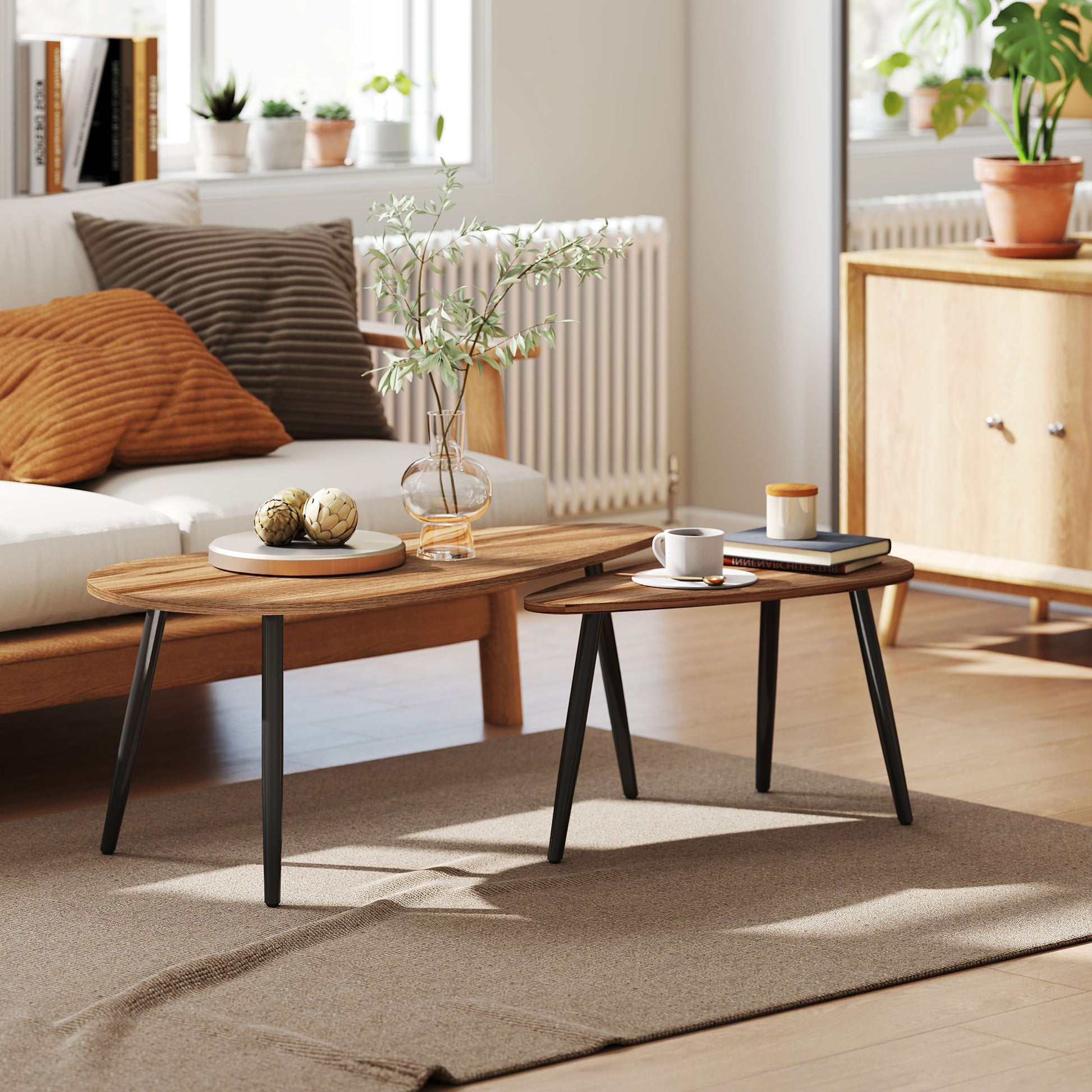 HOMCOM Industrial 2-Piece Nesting Coffee Table Set, Brown Wood-Effect Steel Legs