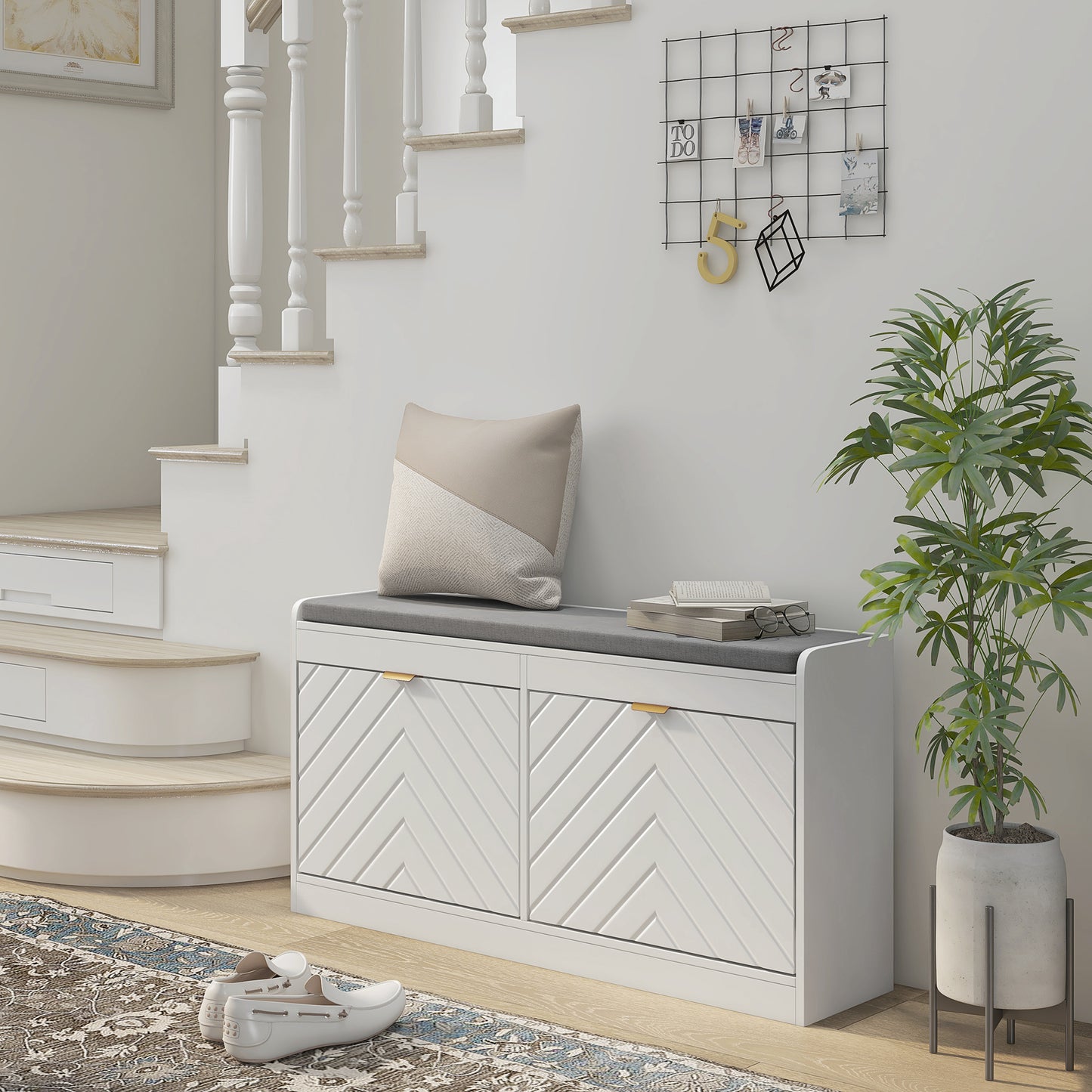 Shoe Storage with Seat, Upholstered Hallway Bench, Shoe Bench with 2 Flip Drawers and 4 Vents for 8 Pairs of Shoes
