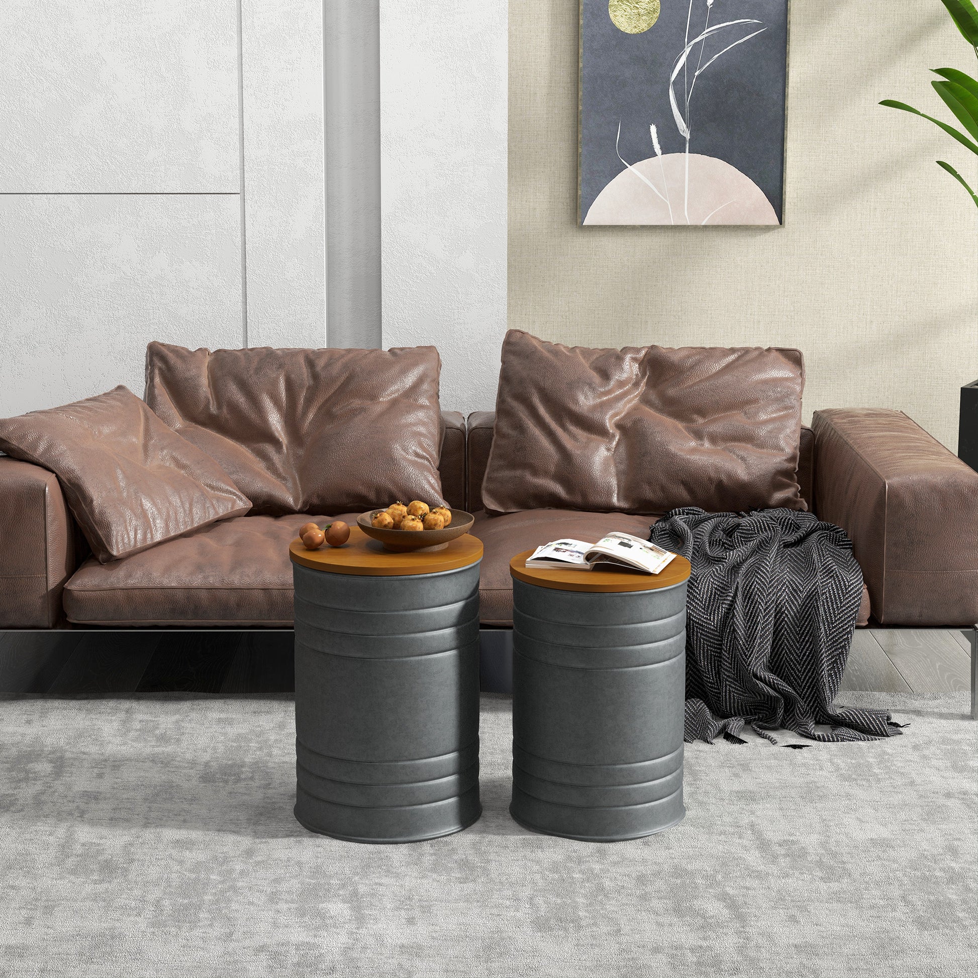 HOMCOM Round Nesting Side Tables, 2-Piece, Wood Lid, Hidden Storage