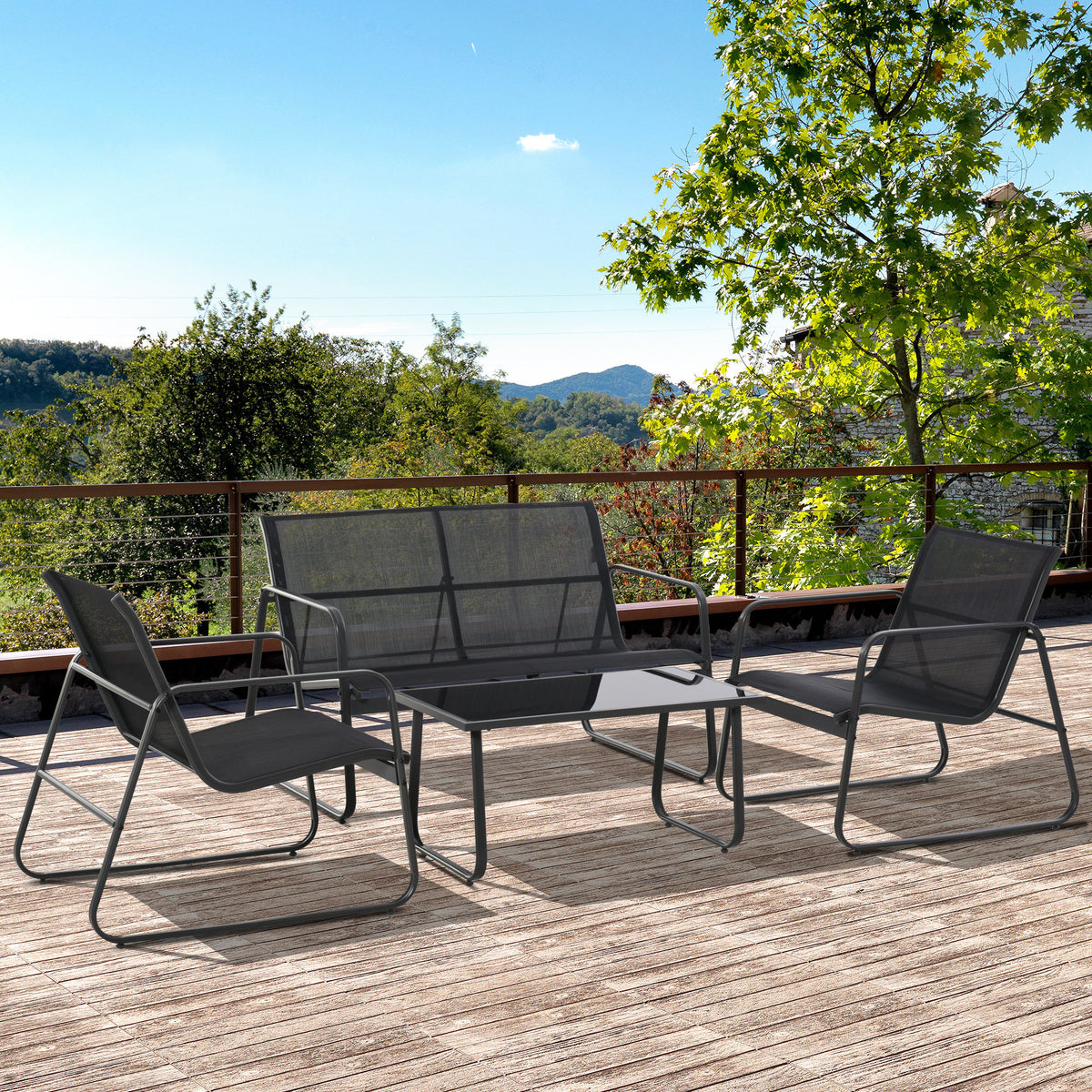 4 Piece Patio Furniture Set, Outdoor Conversation Set with Loveseat Sofa, Armchairs, Glass Top Coffee Table