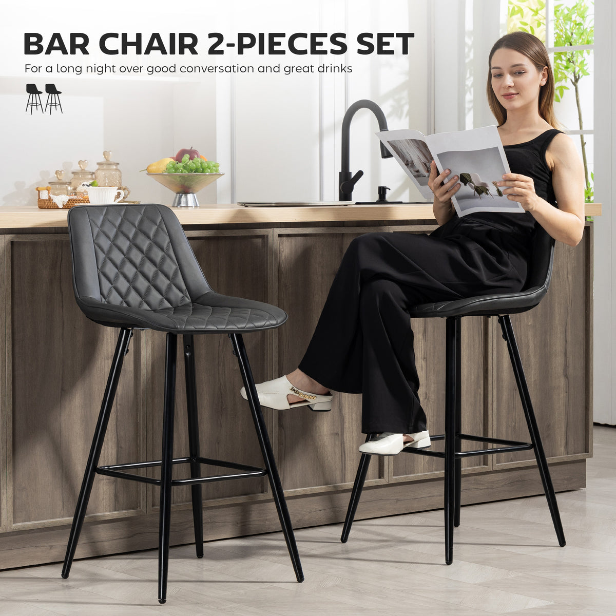 PU Leather 27.75" Counter Height Bar Chairs with Metal Legs, Set of 2