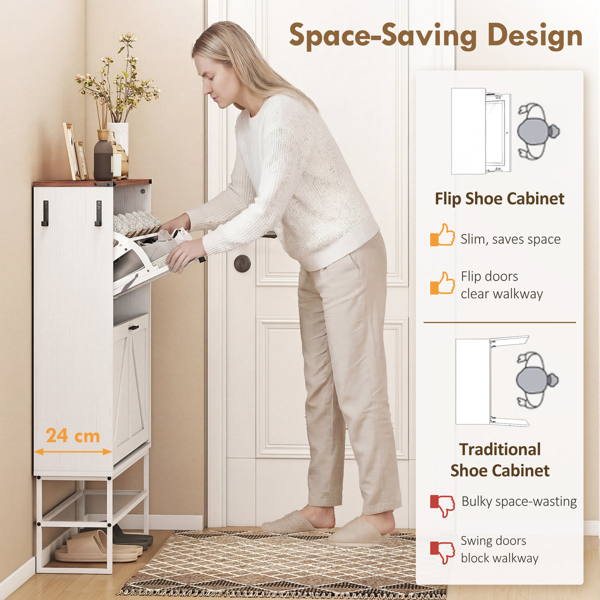 Narrow Shoe Storage Cabinet with 2 Flip Drawers – 31"W x 46"H