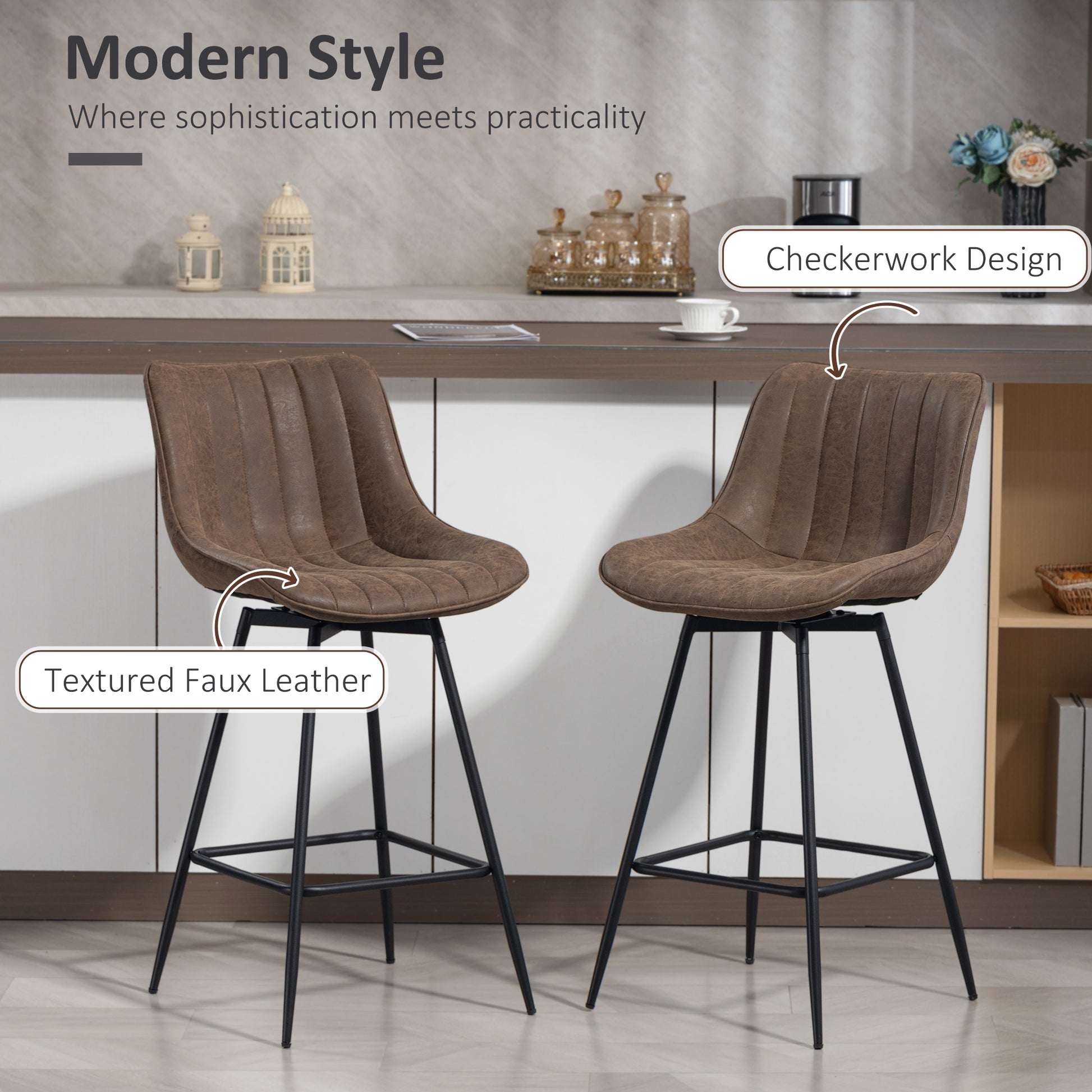 HOMCOM 2-Pack Counter Height Bar Stools, Brown PU Leather, Steel Legs