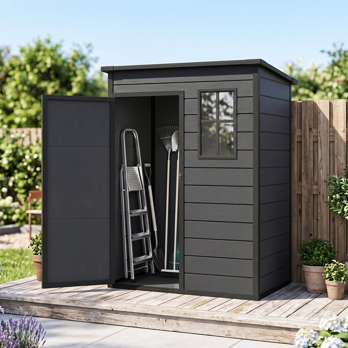 5 x 3FT Garden Shed with Floor, Outdoor Storage Shed with Lockable Door, Window and Vent for Backyard, Patio – Dark Grey