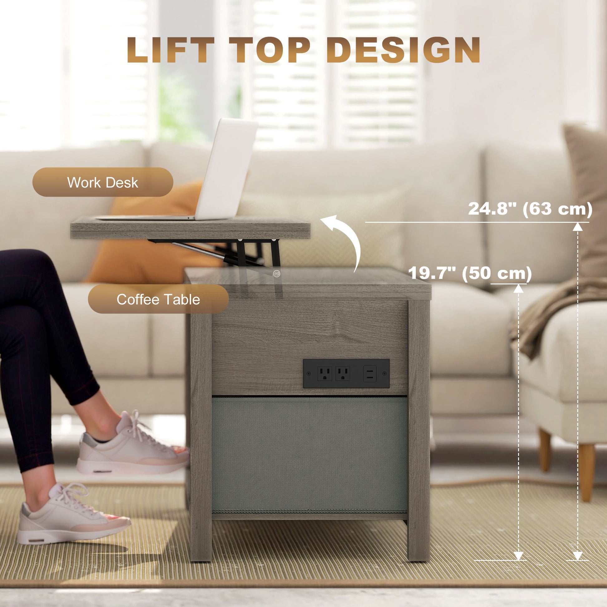 Modern Lift Top Coffee Table with Charging, Hidden Storage & Fabric Drawers