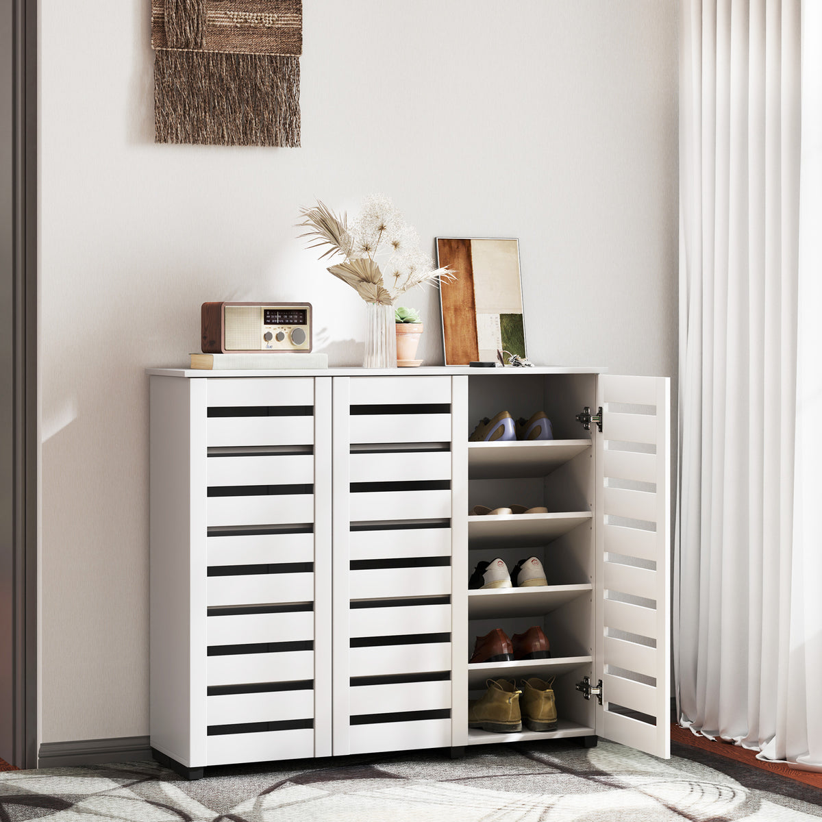 Wide Shoe Cabinet with Slatted Doors – 45"W x 39"H