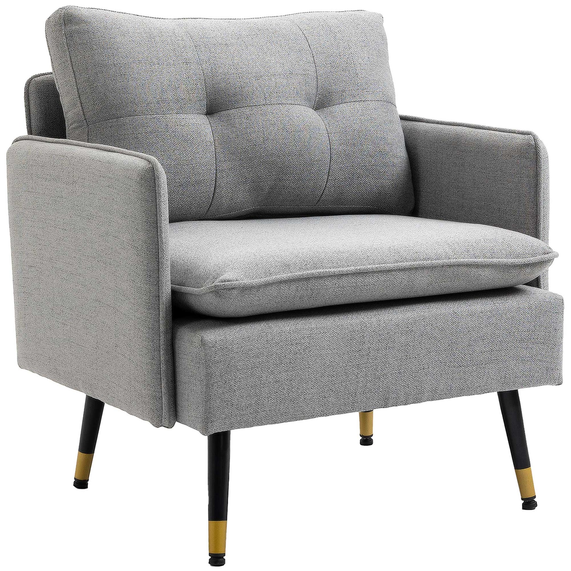 HOMCOM Grey Upholstered Accent Chair, Button Tufted Fabric Armchair, Steel Legs